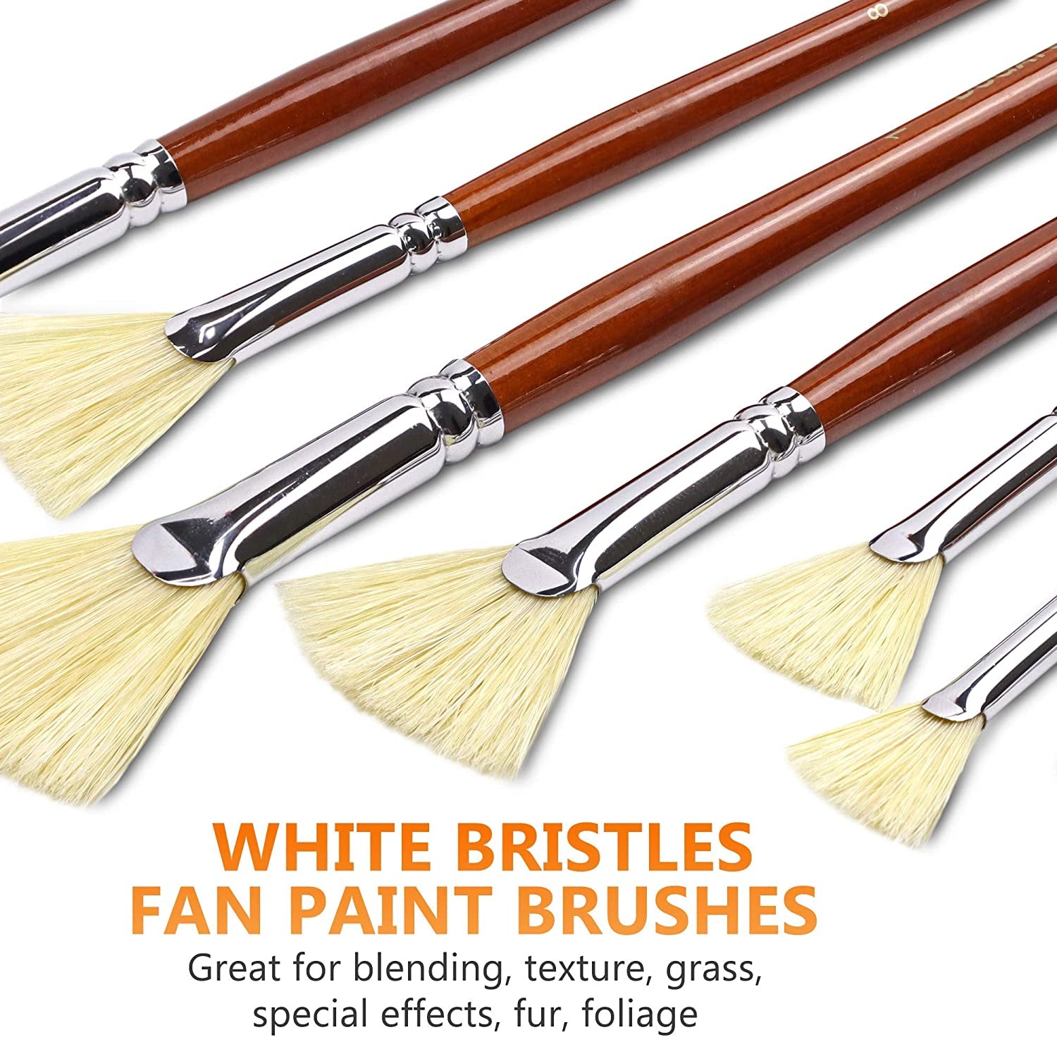 Artist Fan Paint Brush Set of 7, White Hog Bristle Natural Hair Anti-Shedding Brush Tips, Long Wooden Handle for Comfortable Holding, Great for Acrylic Watercolor Oil Painting