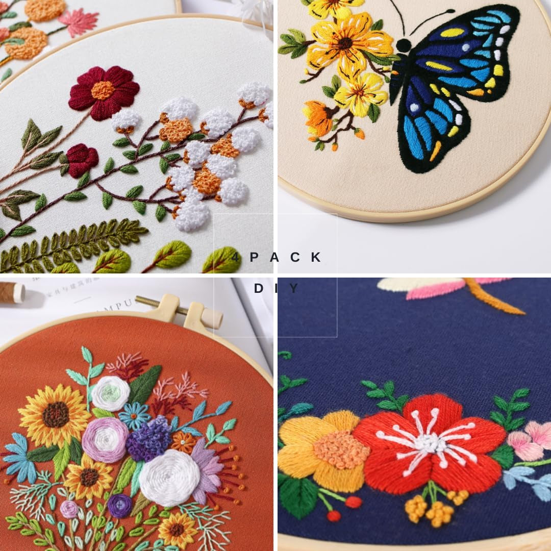 Embroidery Kit for Adults Beginners, 4 Pack Cross Stitch Kits Include Cloth with Floral and Butterfly Patterns, 4 Embroidery Hoops, Color Threads and Instructions for Sewing Beginners
