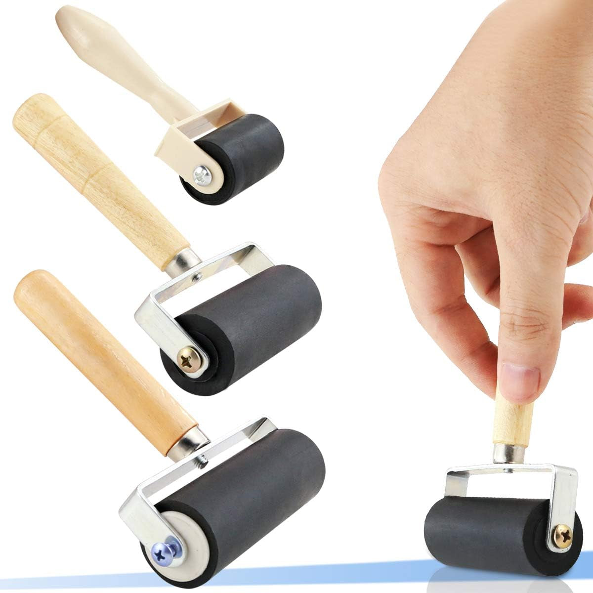 3 Pack Rubber Roller Brayer Rollers, Art Craft Roller for Print,Ink,Stamping Tools, 4 Inch, 2.4 and 1.4 Inch