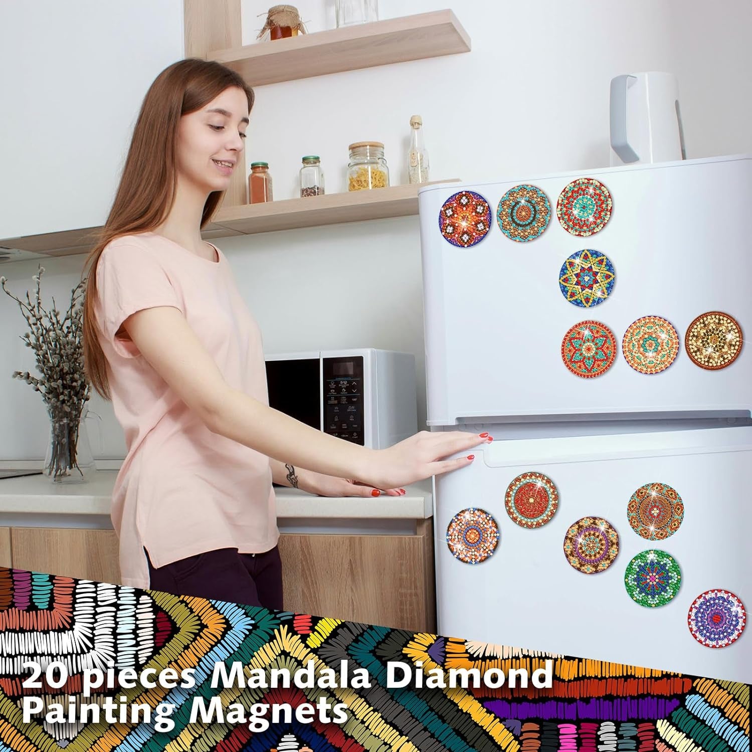 20 Pcs Mandala Refrigerator Diamond Painting Magnets Boho Diamond Painting Kits Fridge Diamond Art Magnets Diamond Art Kits Diamond Painting Stickers for Adults DIY Home Decor