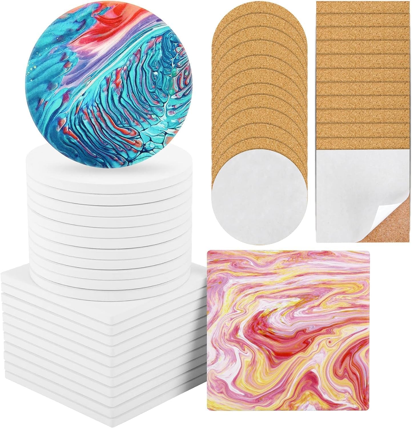Ceramic Tile for Crafts Coasters, 24 Pack White Tiles Unglazed 4 Inch with 24 Pack Cork Backing Pads Includes Square and round Ceramic Coasters for DIY Arts Craft Project Coasters (24)