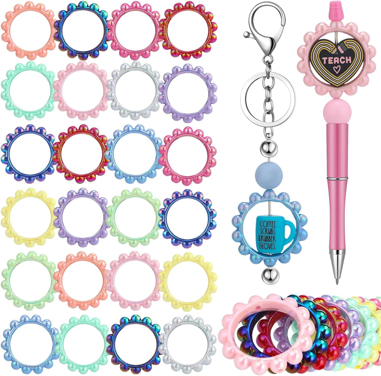 24 Pcs 42 Mm Acrylic Focal Frame Circle Loop with 2 Holes for DIY Beaded Pen Keychain Focal Bead Loop for Pen Jewelry Making Bracelet Car Necklace Craft Hanging (Stylish Colors,Round)