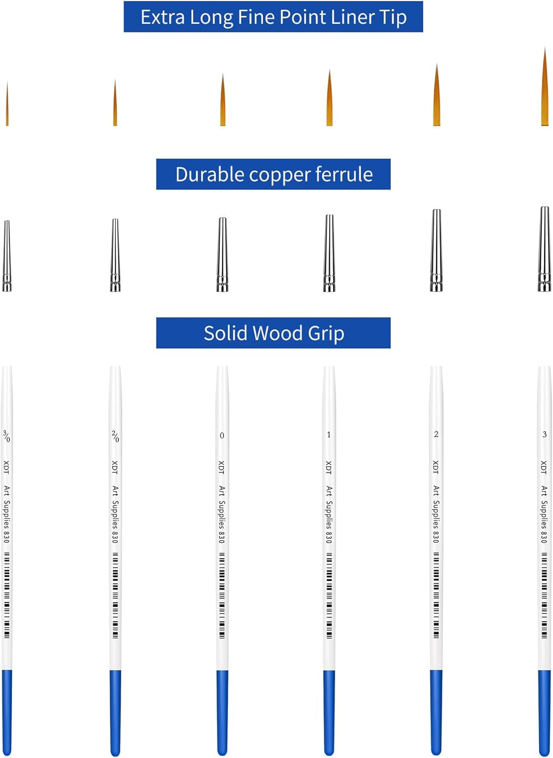 XDT#830 Rigger Artist Paint Brush 6 Piece Set Extra Long Fine Point Liner Tip #000#00#0#1#2#3, Scale Models Nail Acrylic Oil Watercolor