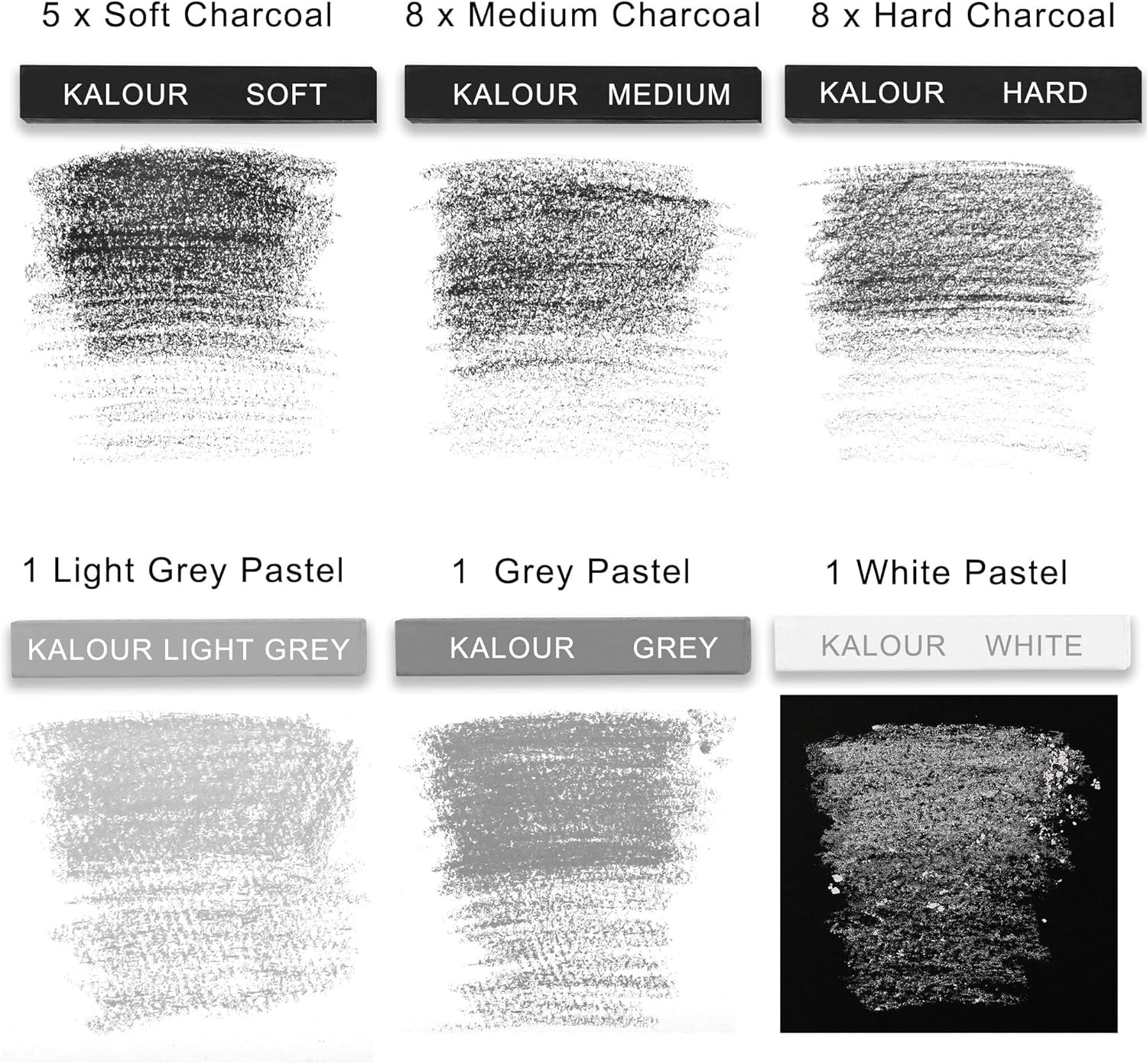 24 Pro Charcoal Drawing Set - Soft,Medium,Hard Charcoal and White Charcoal - Charcol Sticks for Drawing Sketching Shading - Art Supplies Gift for Artists Beginners Adults