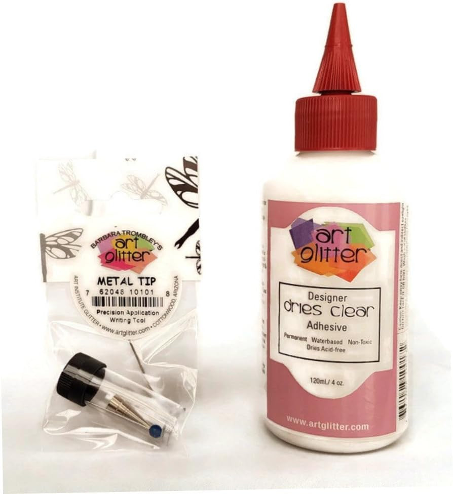 Art Glitter Glue Designer Dries Clear Adhesive 4 Oz with Ultra Fine Metal Tip, Standard