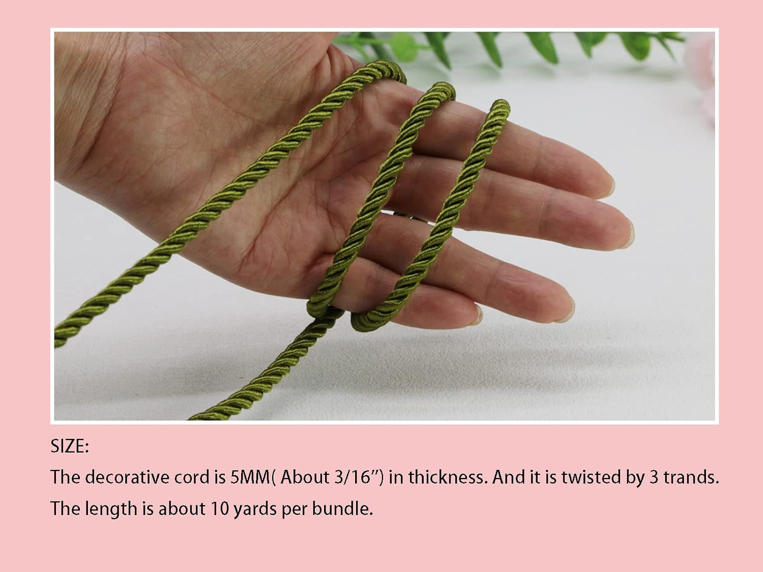 U Pick 10Yds 5Mm 3 Braided Cord Decorative Twisted Satin Polyester Twine Cord Rope String Thread Shiny Cord Choker Thread (17:Olive Green)