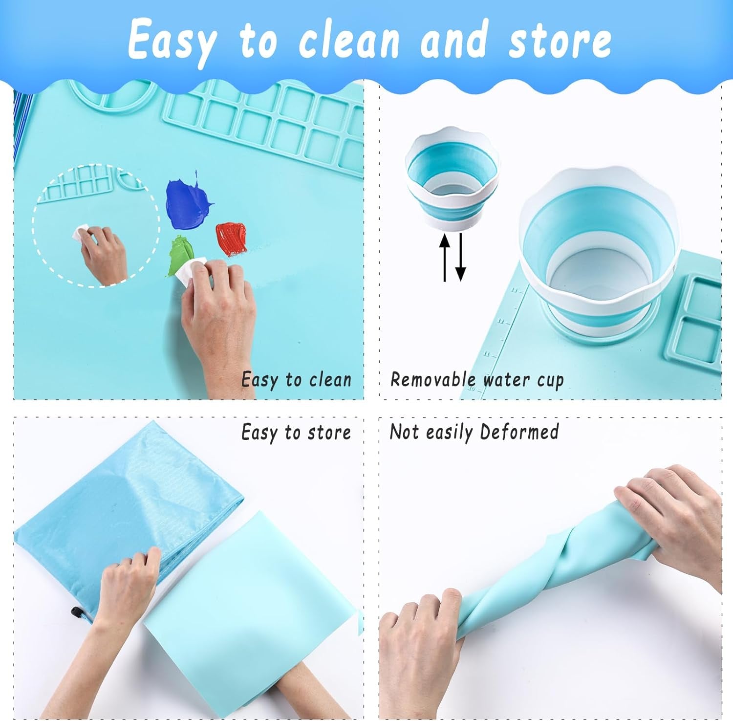 Silicone Craft Mat 20X16 Inch Large Silicone Art Mat with Detachable Cup Painting Mat with 10 Painting Brushes Silicone Drawing Mat Sheets for Kids Adult DIY Accessories (Blue)