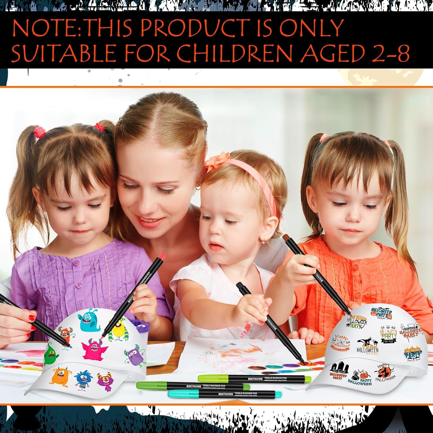 16 Pieces Halloween White DIY Hats with 24 Colors Fabric Markers Pen Bulk for Halloween Supplies