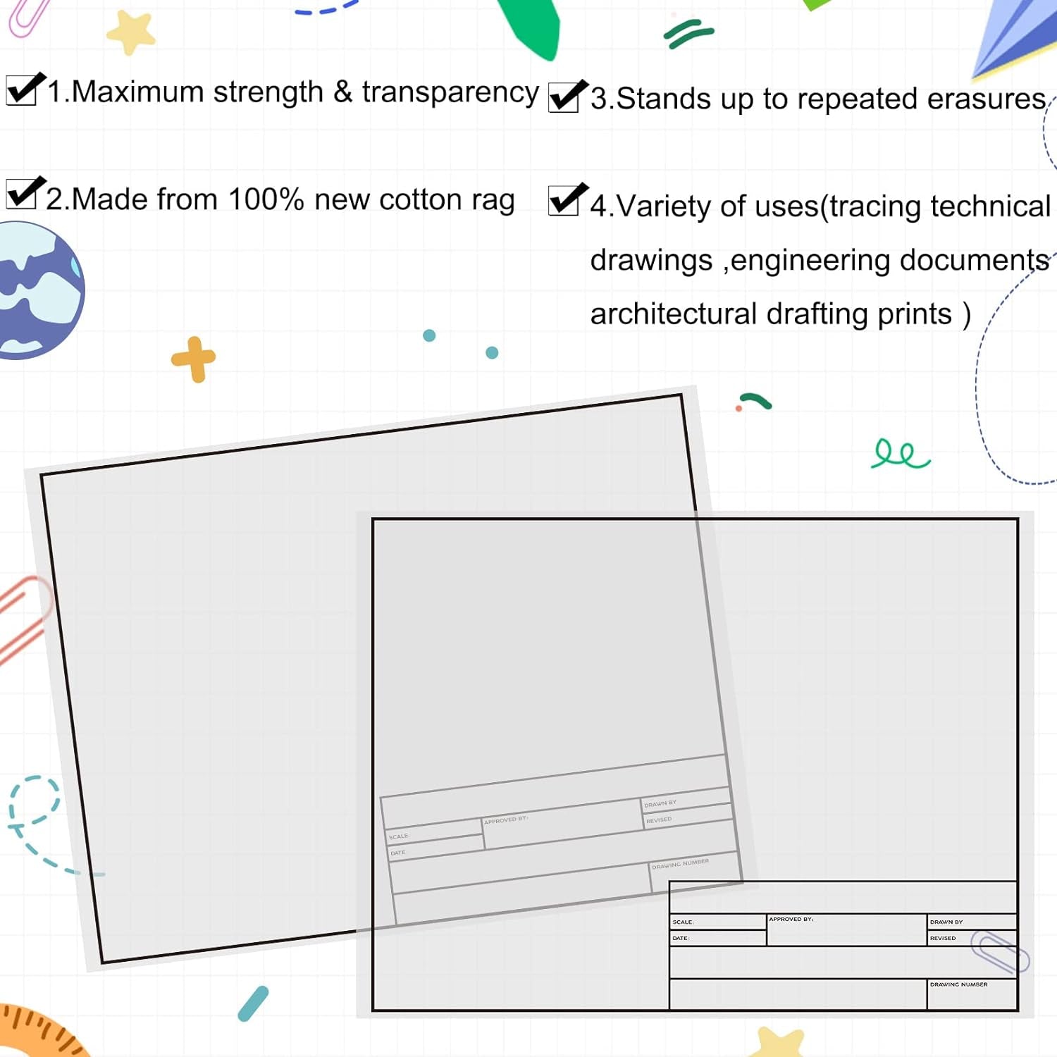 10 Sheets Architectural Vellum Paper Translucent White Vellum Sheets Drafting Paper Rag Vellum with Border and Title Block (18 X 24 Inches)