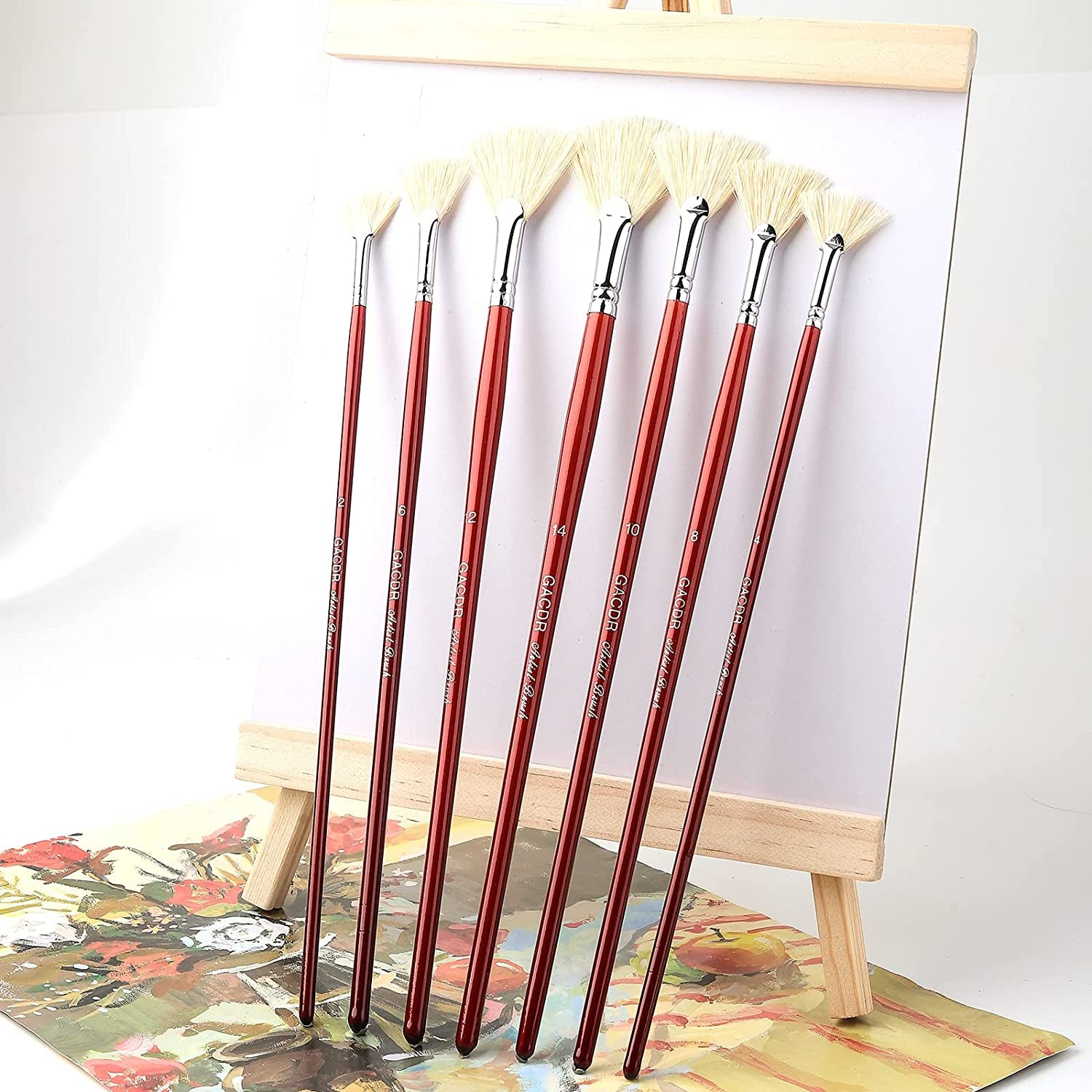 Fan Brush for Painting, 7 Pieces Fan Brush Set with Hog Bristle Natural Hair and Long Wood Handle, Professional Artist Fan Brushes for Acrylic Painting,Oil Watercolor Painting