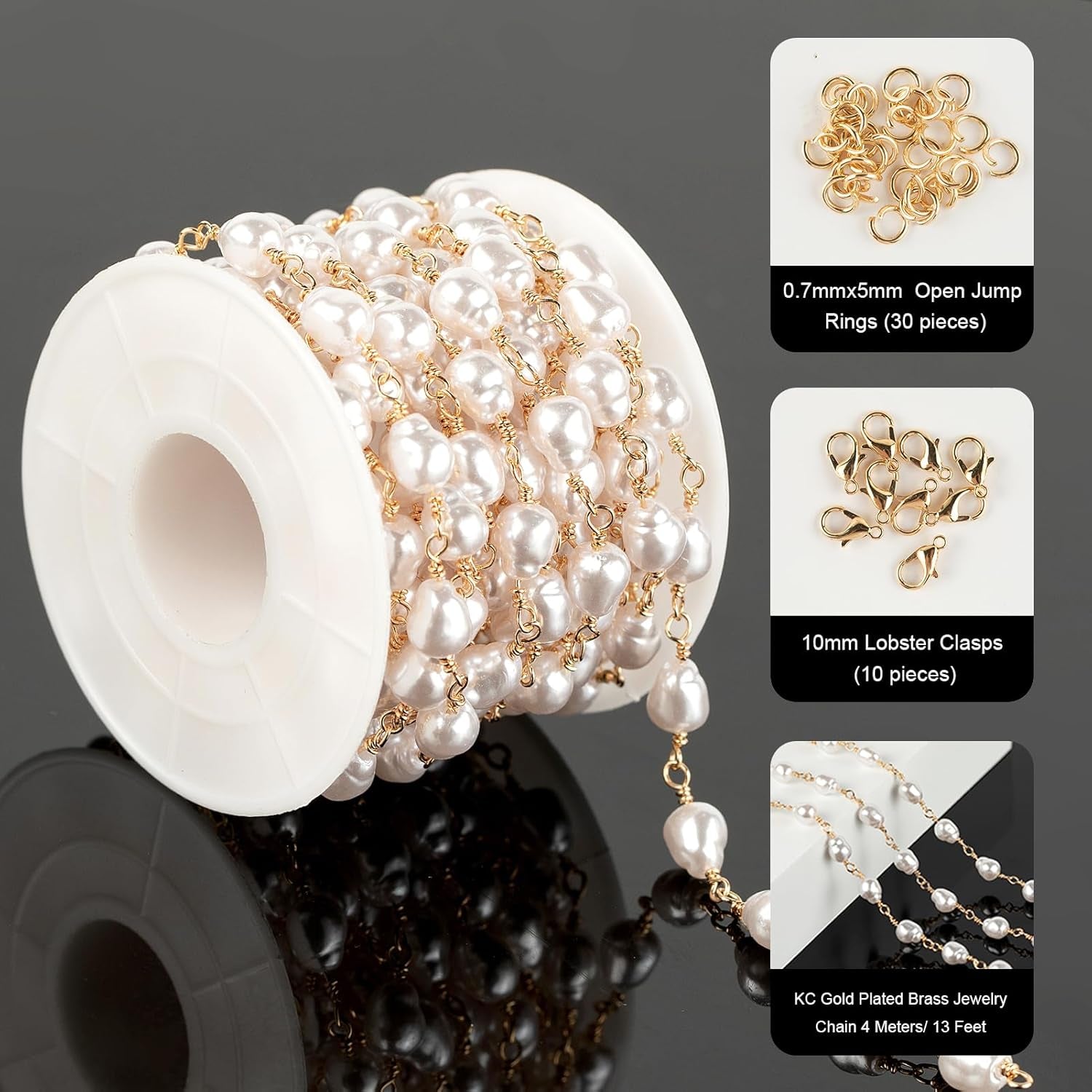 13 Feet Imitation Pearl Bead Chain Bulk KC Gold Plated Brass Jewelry Chain for Jewelry Making Necklace Bracelet DIY Handmade Craft Chain Roll