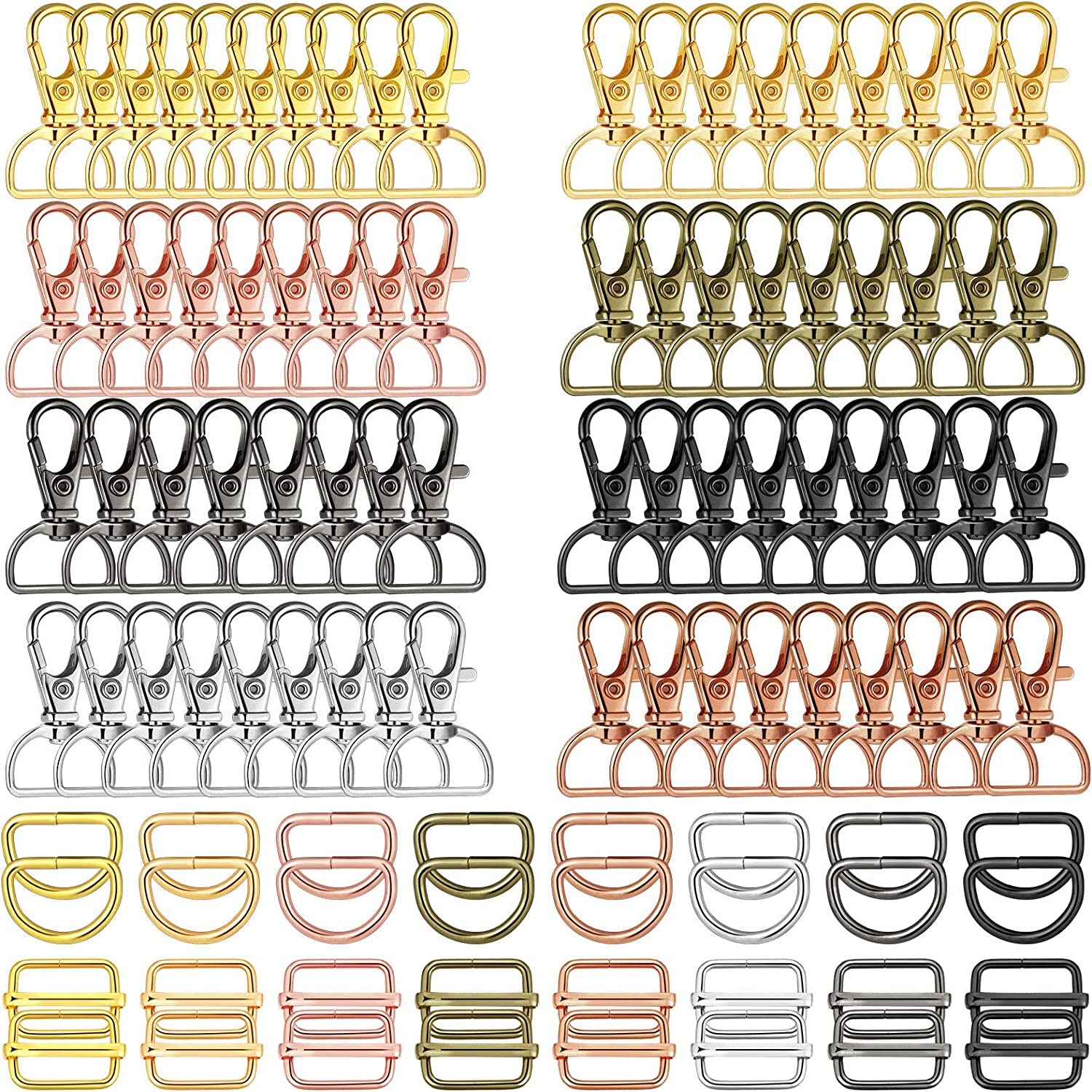 96 Pieces Swivel Clasps with D Rings and Slide Buckles Set Lanyard Snap Hooks Keychain Clip Hooks D Keychain Rings Lobster Claw Clasps for Keychain Purse Hardware Sewing Craft Project, 8 Colors