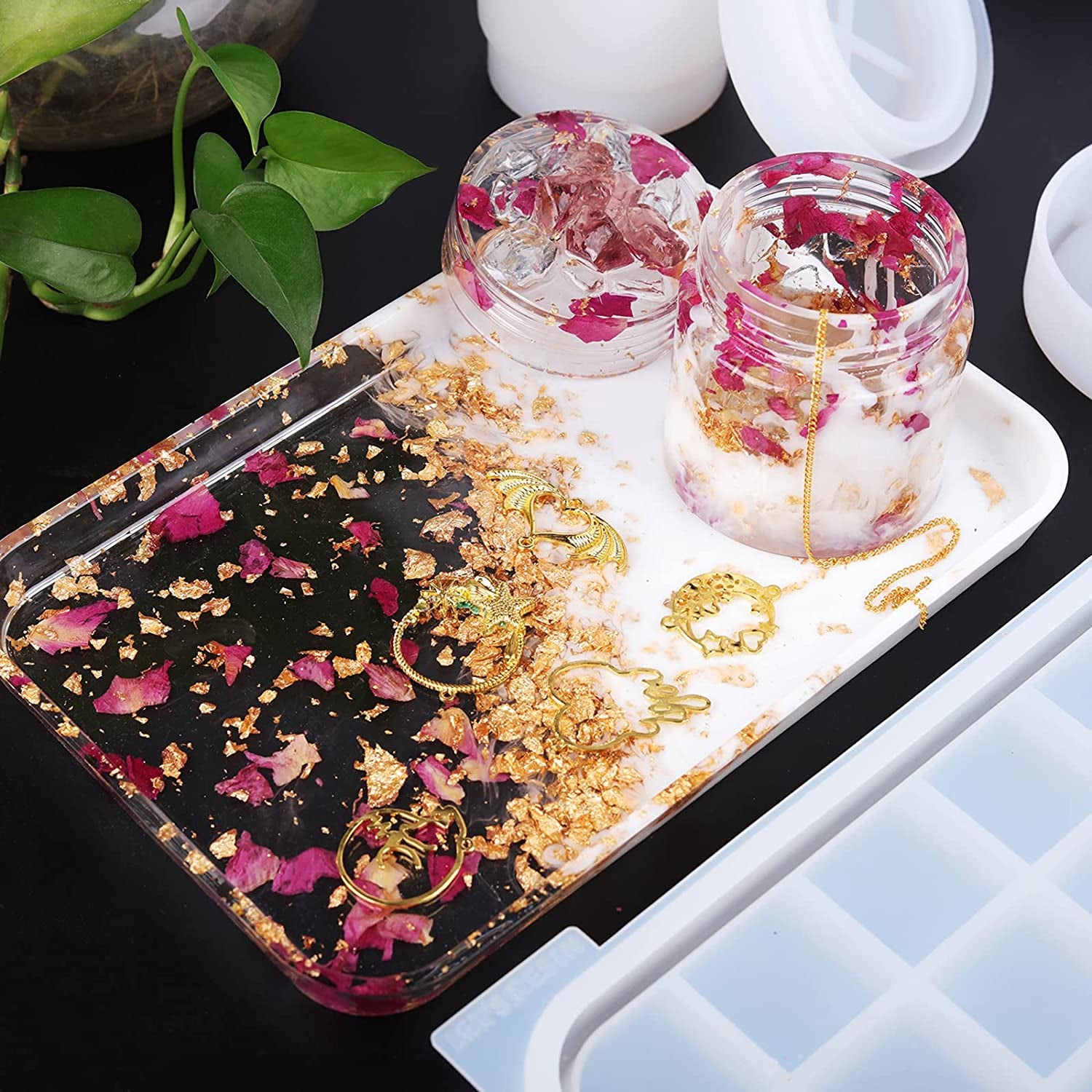 Resin Mold Silicone Kit with Resin Rolling Tray Mold, Ashtray Resin Jar Mold with Lid for Casting Resin,Epoxy Resin,Diy Storage Container