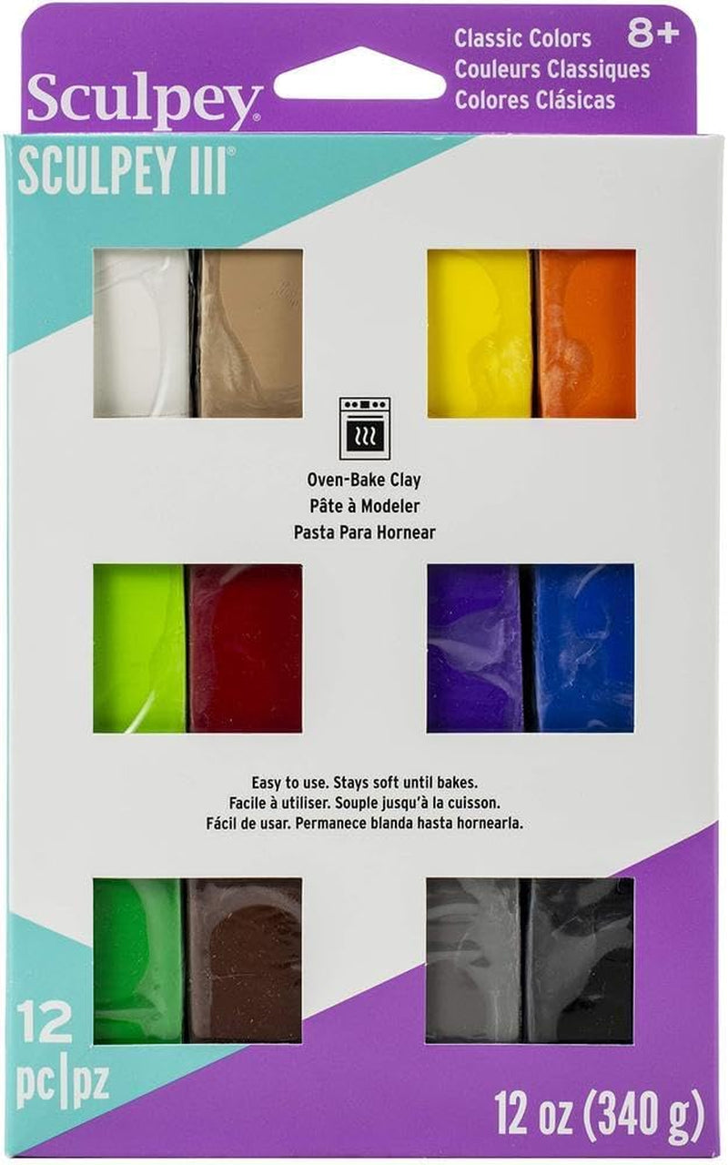 III 12 Bright Colors of Polymer Oven-Bake Clay, Non Toxic 12 Oz., Great for Modeling, Sculpting, Holiday, DIY & School Projects.Great for Kids & Beginners!