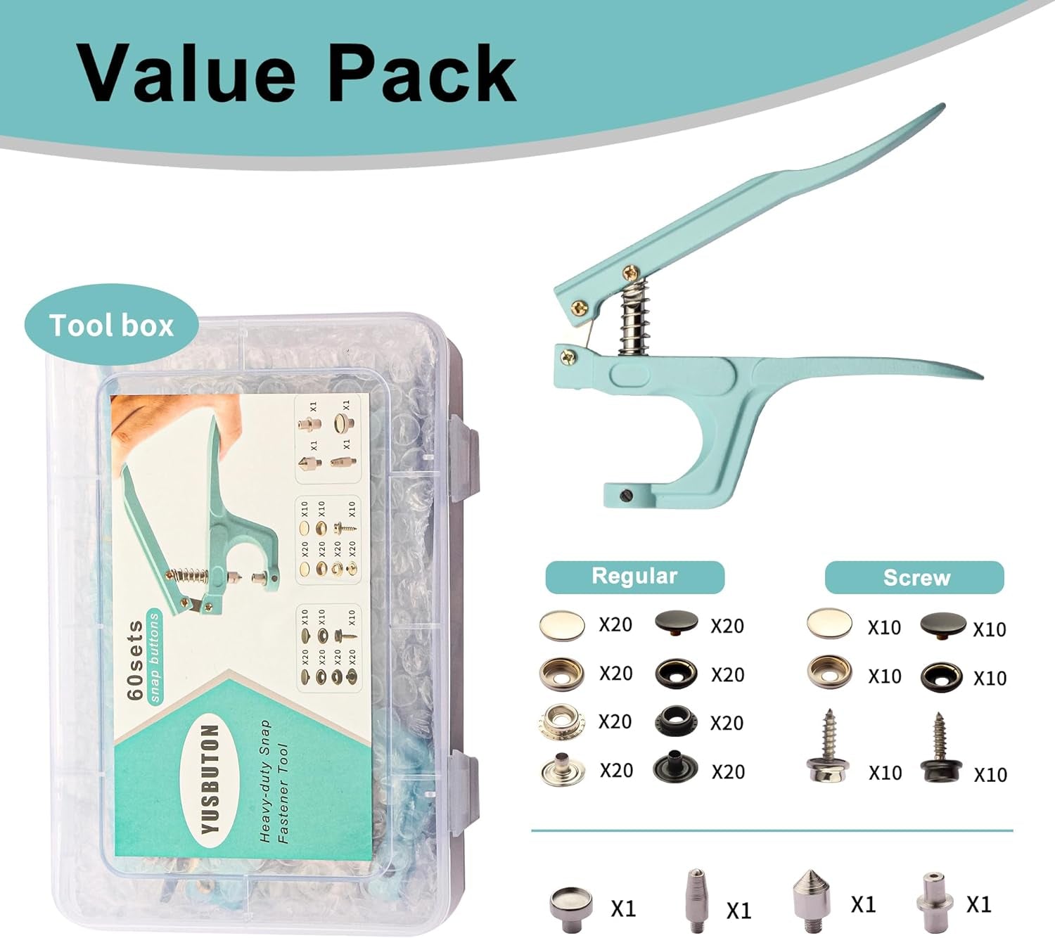 Heavy Duty Snap Fastener Tool Kit， 60 Pcs Canvas Snap Kit,Snap Fasteners Kit 15Mm Stainless Steel Snaps Marine Grade Boat Canvas Snaps for Clothing Leather Boat Cover Fabric………