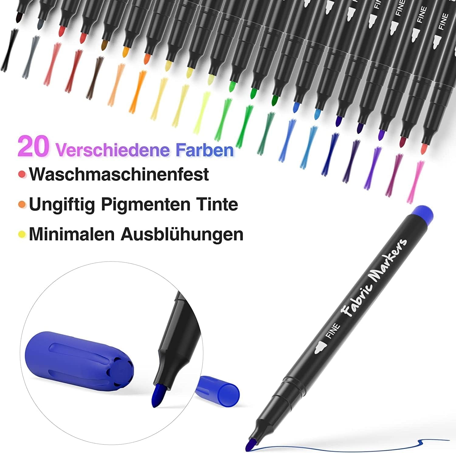 Fabric Markers Permanent for Clothes Sneaker Shoes T Shirt Baby Onesies Bibs Bodysuit Pillow Canvas Tote Bags Graffiti Kids Adults Fabric Decorating, Fine Point Pen Fabric Paint Pens Set of 20 Colors