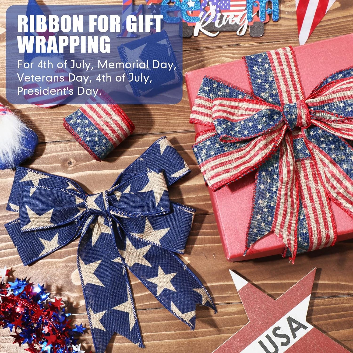 2 Rolls 20 Yard Patriotic Day Ribbon 4Th of July Wreath Ribbon Stars and Stripes Vintage Wired Ribbon Red White Blue American Flag Ribbon for Independence Day DIY Craft Party Decor