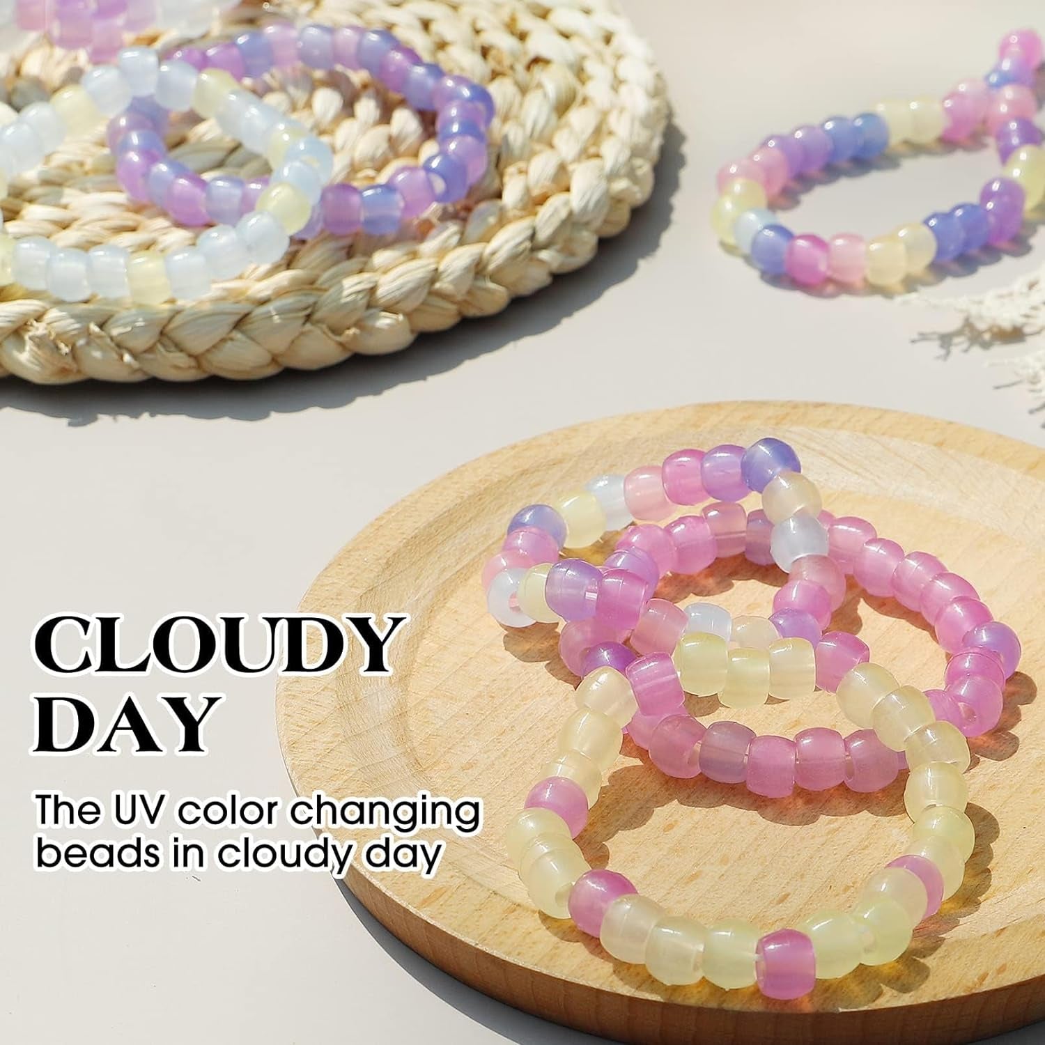 1500 Pcs UV Beads, Glow in the Dark Beads Color Changing Sun Sensitive UV Reactive Pony Beads, Plastic Solar Beads with Crystal Elastic String & 2 Elastic Cords