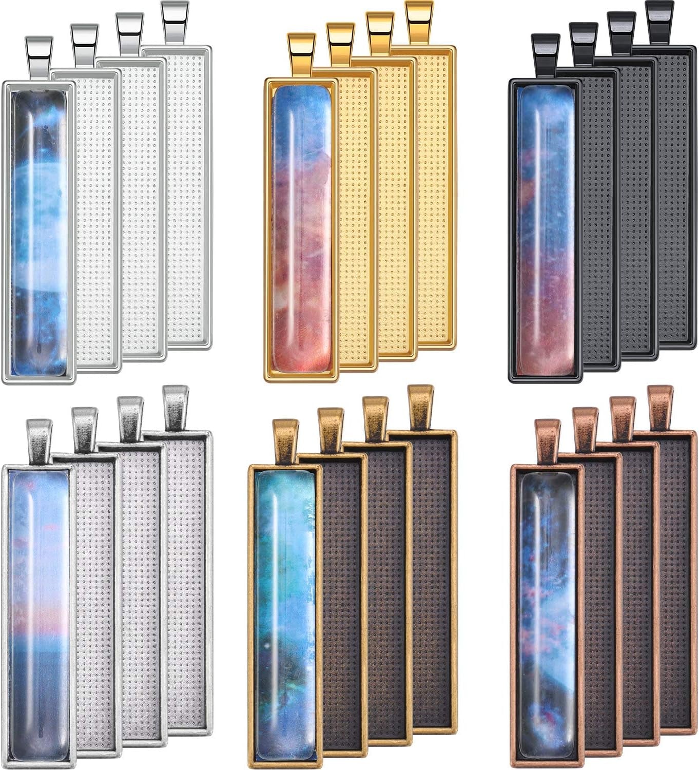 48 Pieces 6 Colors Pendant Tray Rectangle Bezel Blanks Set Include 24 Rectangle Pendant Trays with 24 Clear Glass Cabochon Domes for DIY Resin Craft Photo Pendant Necklace Jewelry Making