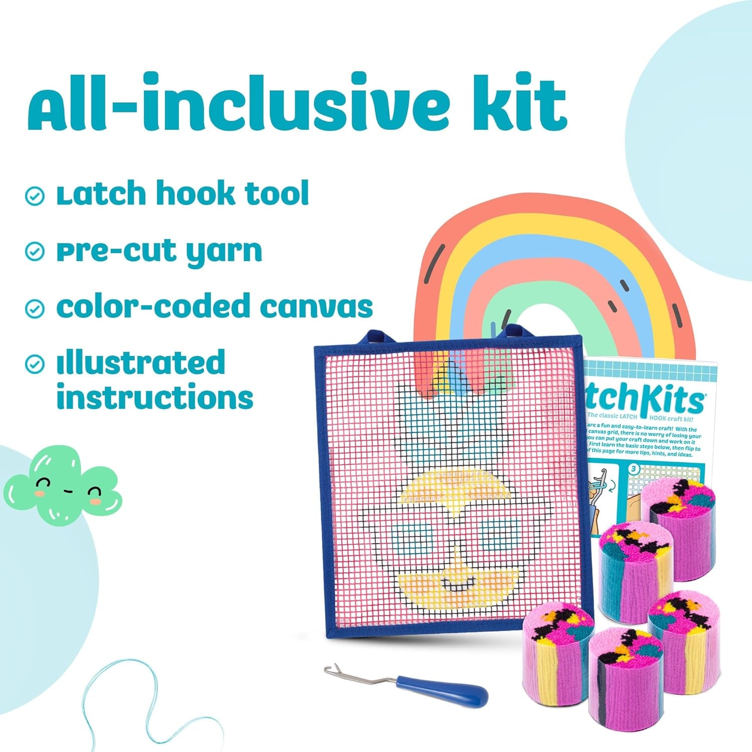 Latchkits  for Wall Hangings &amp; Mini-Rugs - Pineapple - Craft Kit with Easy, Color-Coded Canvas, Pre-Cut Yarn &amp; Latch Hook Tool - Perfect DIY Craft for Kids - Ages 6 and Up, Small, Multi