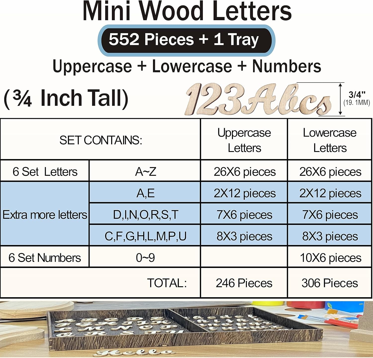 552 Pieces 0.75 Inch Mini Unfinished Wooden Letters Uppercase &amp; Lowercase Unpainted Wooden Numbers Blank Wood Letters Storage for Scrapbooking Crafts