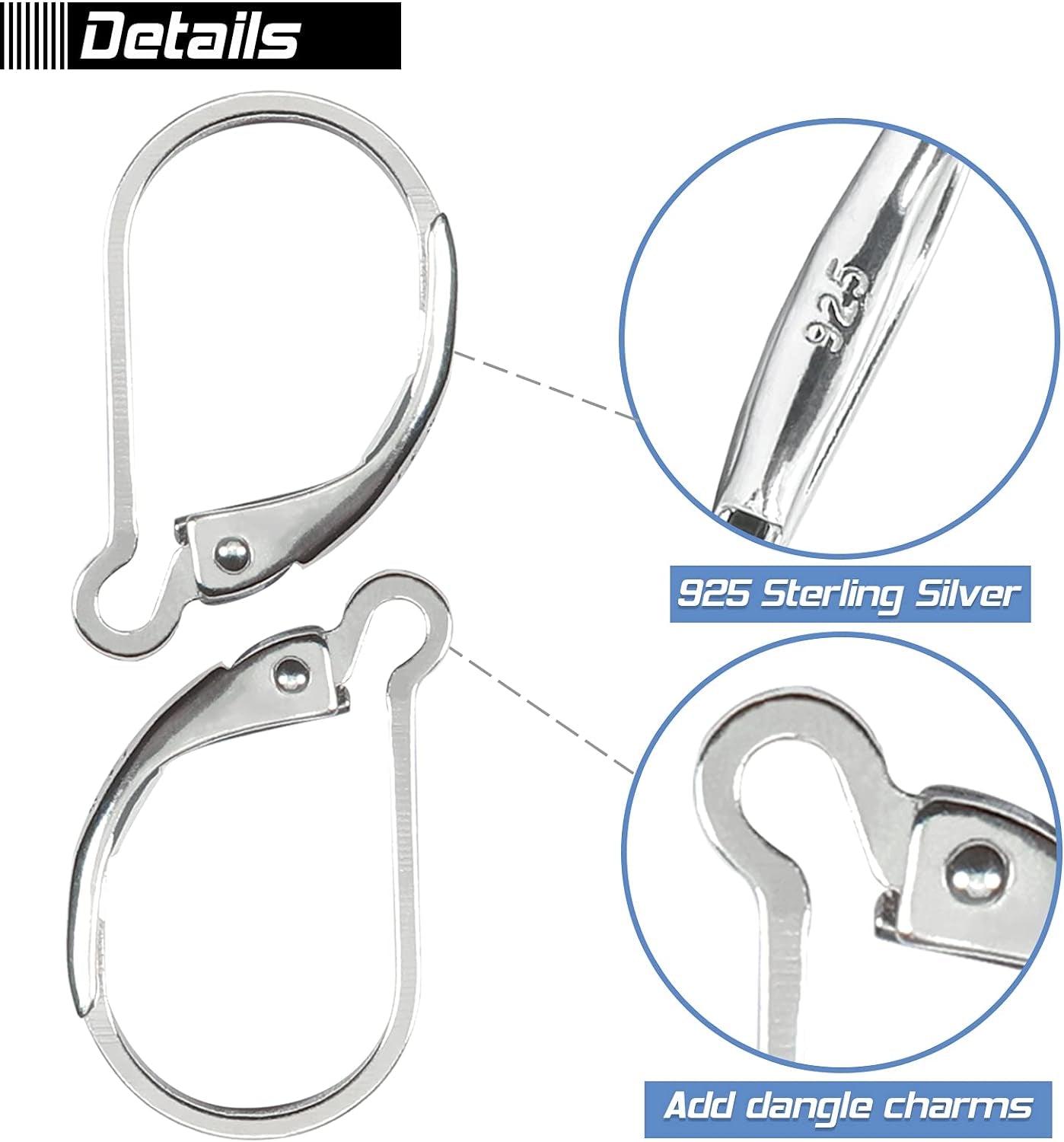 16Pcs 925 Sterling Silver Leverback Earring Hooks Hypoallergenic Interchangeable Dangle Ear Wire 10X16Mm Leverback Earring Findings for Jewelry Making