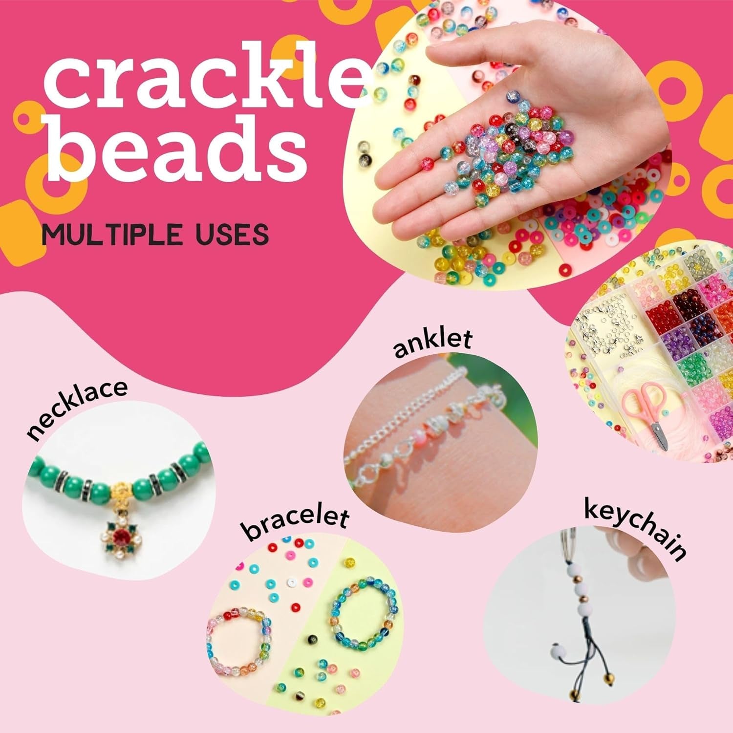 Crackle Glass Beads 1100Pcs 24 Colors. Crystal Glass Beads for Jewelry Making Bulk Kit (6Mm). Lampwork Glass Beads for Bracelets Making for Kids & Adults with Elastic String & Organizer.