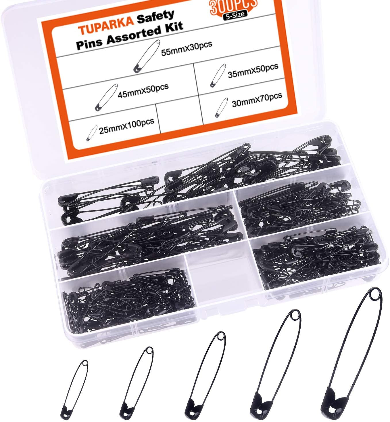 5 Sizes Black Safety Pins Assorted 25-55Mm Small and Large Safety Pins for Art Craft Sewing Jewelry Making in a PP Box (300 Pcs)