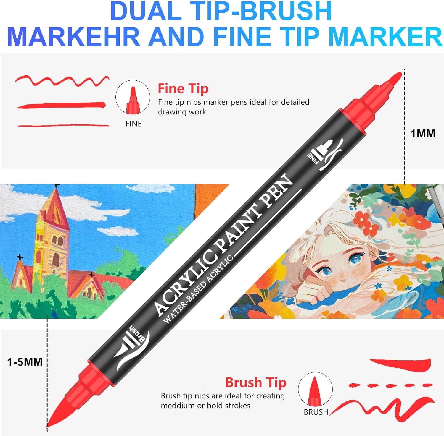Acrylic Paint Pens, 50 Colors Dual Tip Markers with Fine and Brush Tip, Premium Marking Pens Set for Rock, Wood, Plastic, Fabric Painting and DIY Crafts