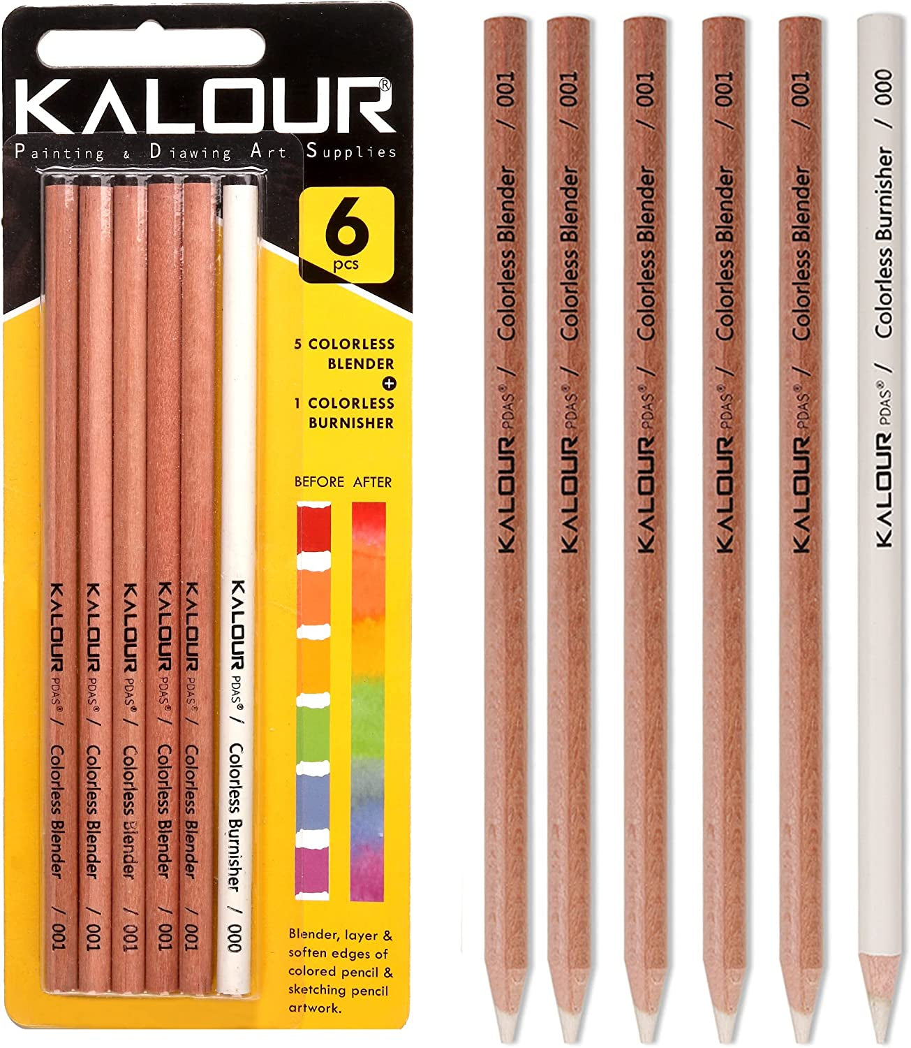 Colorless Blender and Burnisher Pencils Set,Non-Pigmented, Wax Based Pencil,Perfect for Blending Softening Edges,Ideal for Colored Pencils,Art Supplies for Artists Beginners(6 Pencils Total)