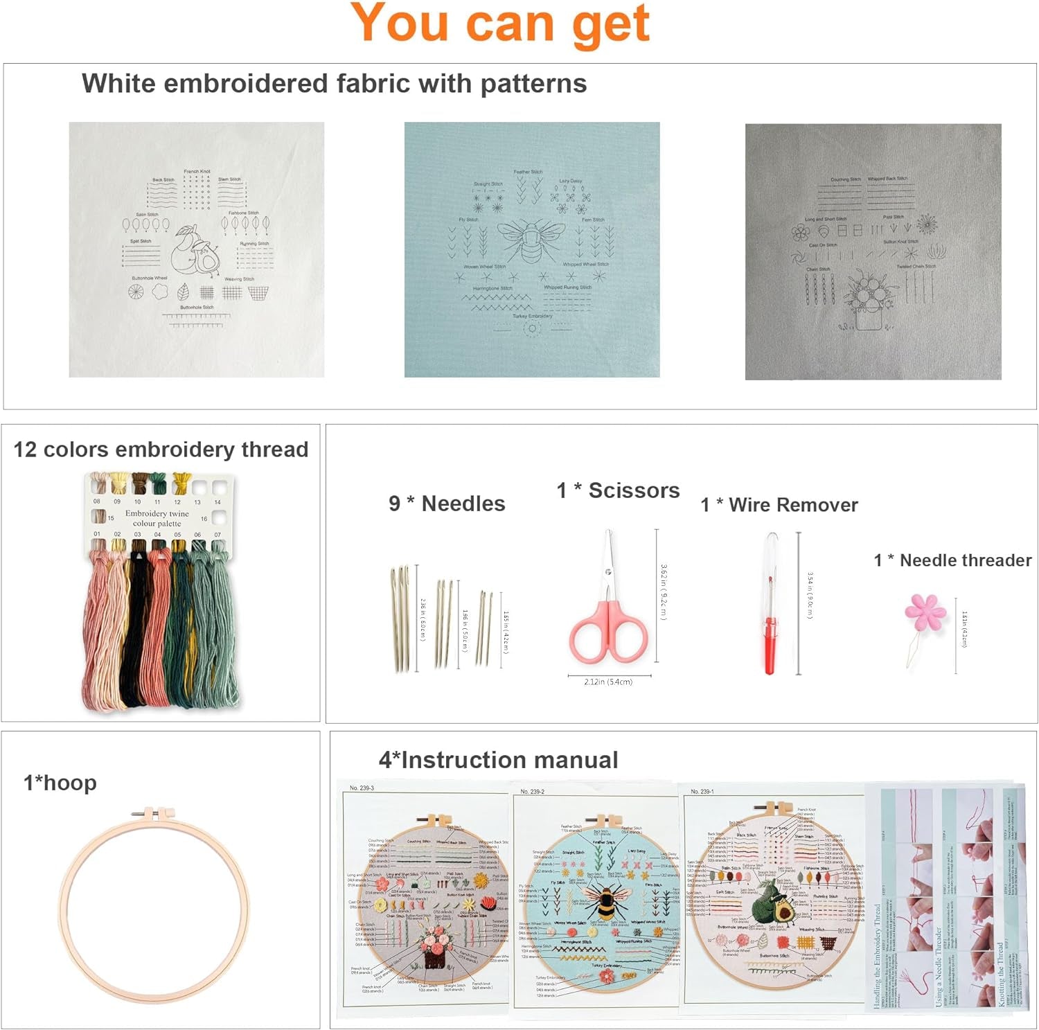 3 Embroidery Kit for Beginners, Beginner Embroidery Kit for Adults. Starter Kits to Learn 28 Different Stitches, Including Fabric with Prints, Threads, Needles, Hoop and Video Tutorials…
