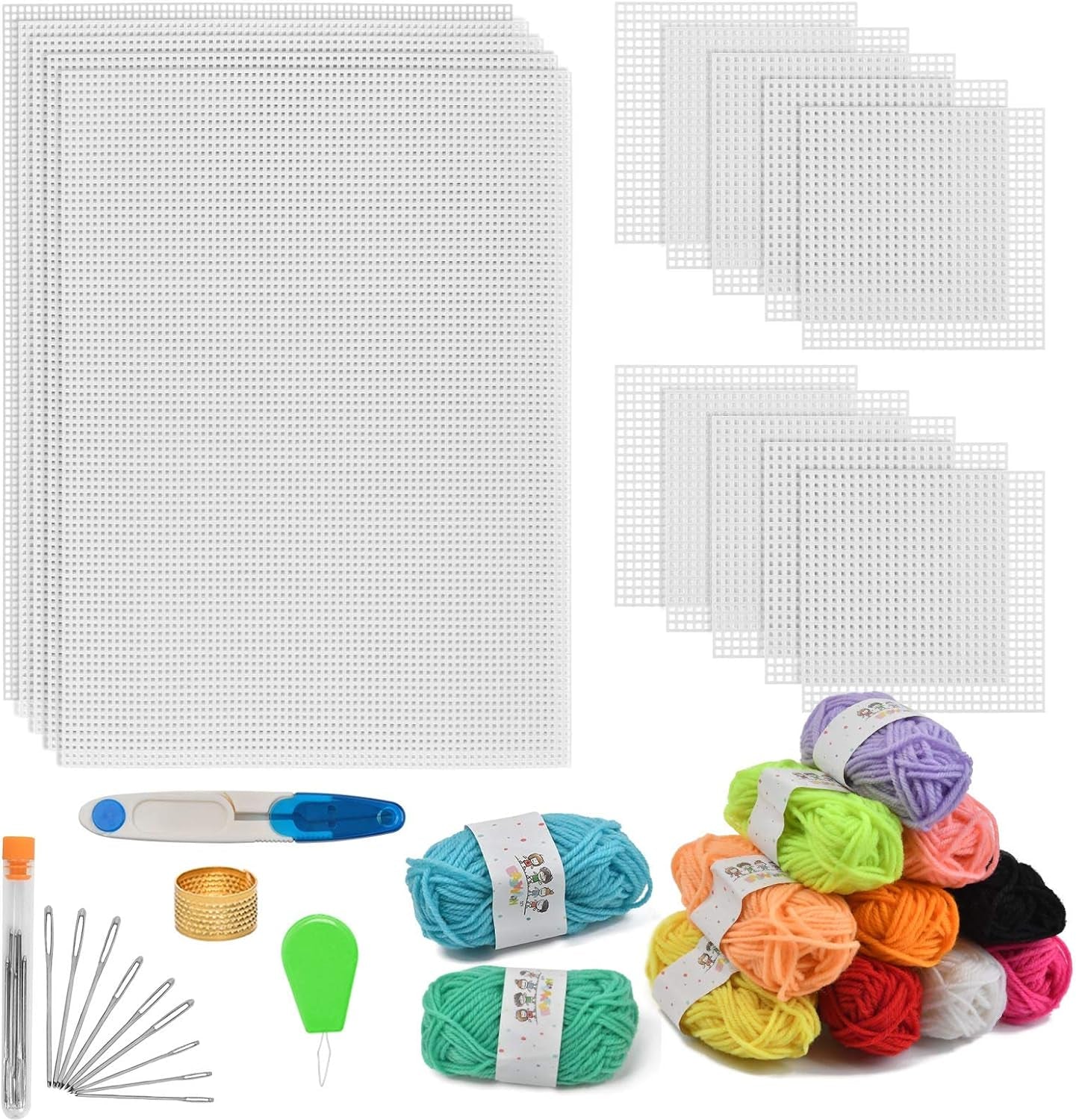39Pcs Mesh Plastic Canvas Sheets Kit Including 15 Pieces Clear Plastic Canvas, 12 Color Acrylic Yarn and Embroidery Tools for Embroidery Plastic Canvas Craft