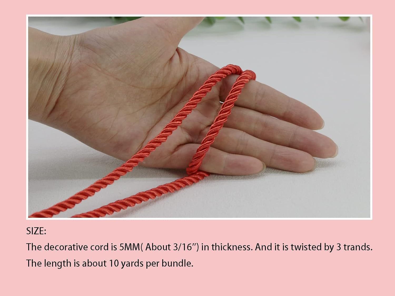 U Pick 10Yds 5Mm 3 Braided Cord Decorative Twisted Satin Polyester Twine Cord Rope String Thread Shiny Cord Choker Thread (01 Red)