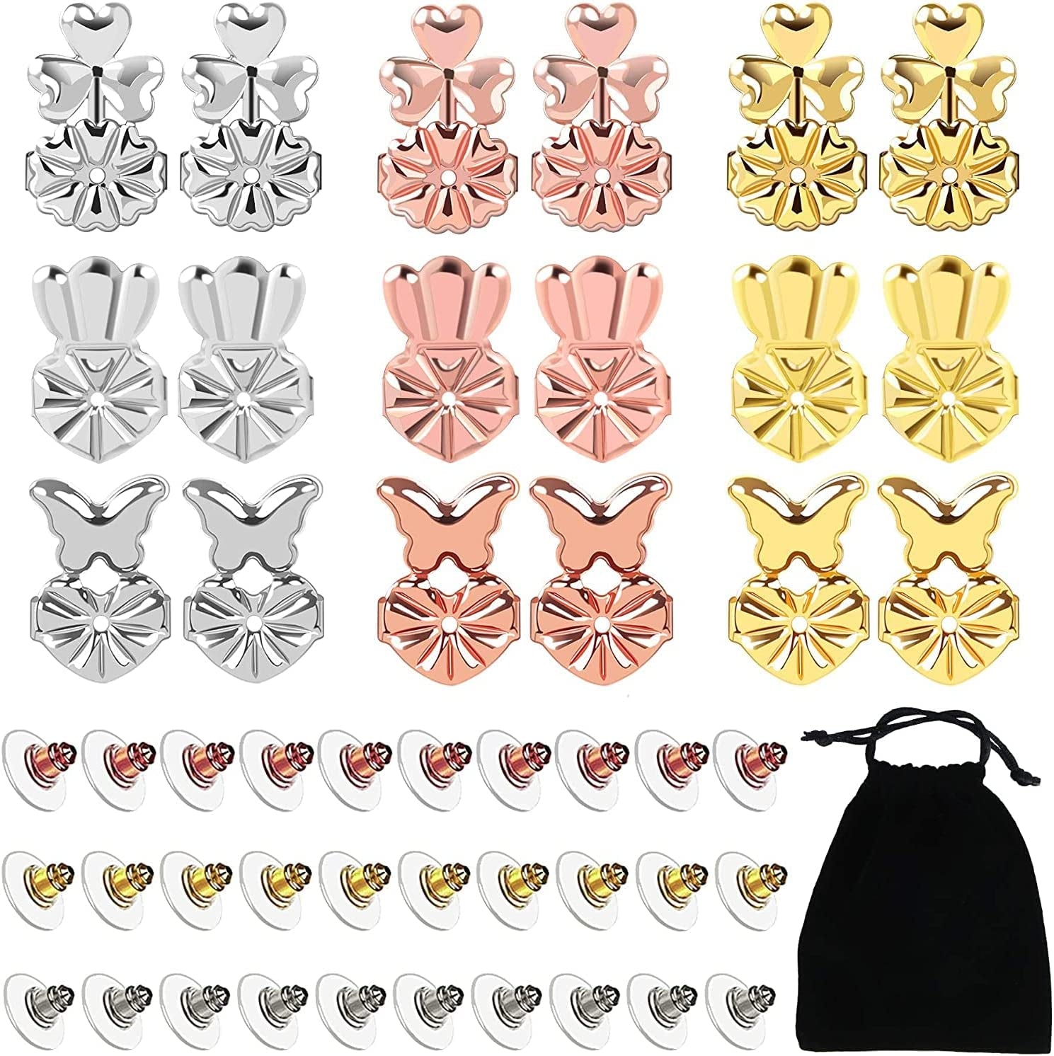 9 Pairs Earring Lifters with 30 Pieces Bullet Clutch Earring Backs, Earring Backs for Droopy Ears, Adjustable Hypoallergenic Sliver Safety Magic Earring Backs for Heavy Drooping Earring