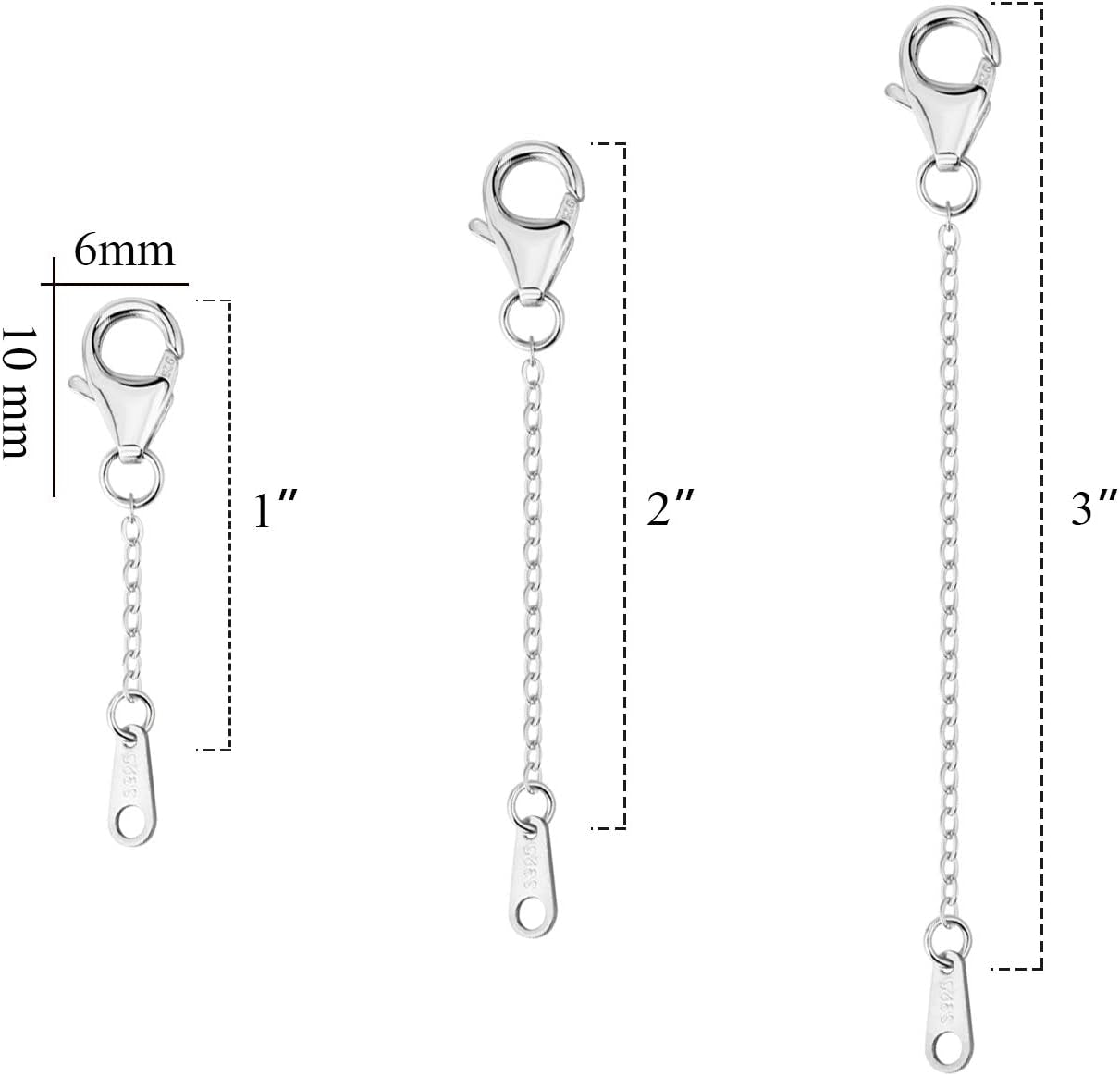 Necklace Extender White Gold Chain Extender 925 Sterling Silver Necklace Bracelet Anklet Extenders Chain Extension for Jewelry Making (1 2 3 Inch)