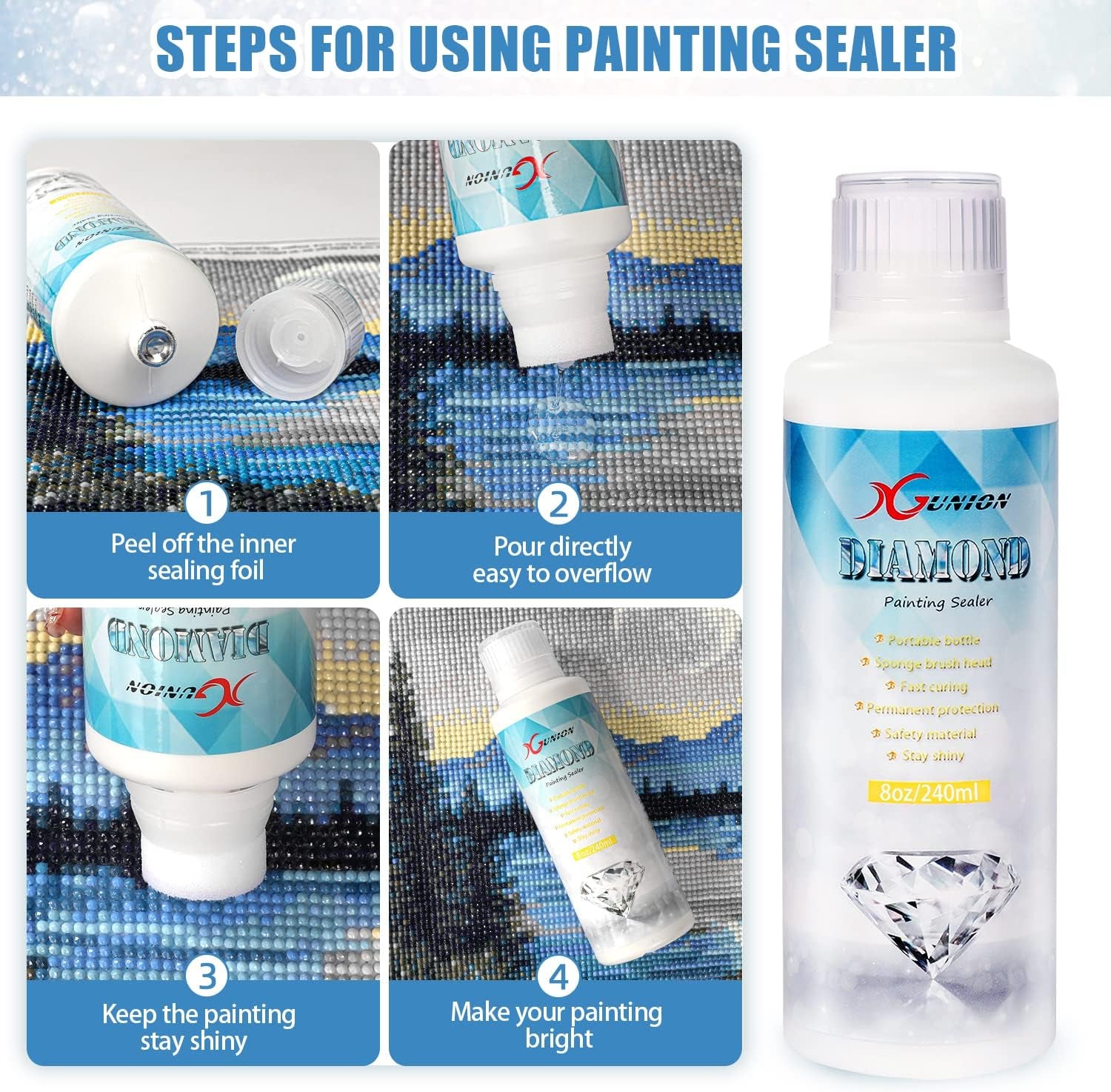 Diamond Painting Sealer 240ML Diamond Painting Glue with Spong Head 5D Diamond Painting Art Glue Sealer Accessories Permanent Hold & Shine Effect for Diamond Painting and Puzzles(8 OZ)