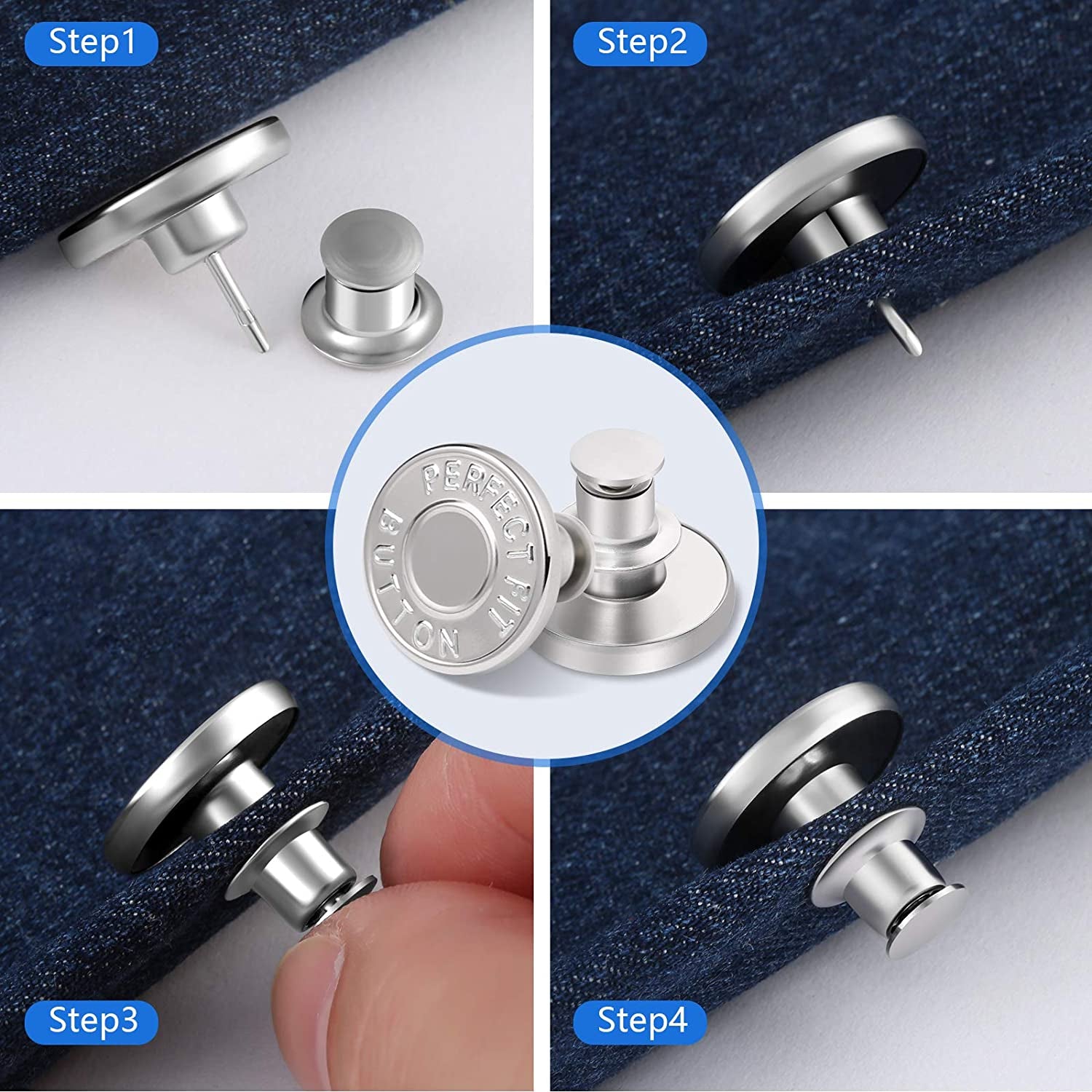 12 Sets Button Pins for Loose Jeans, No Sew and No Tools Instant Replacement Snap Tack Pant Button,  Reusable and Adjustable Metal Pants Button Tightener