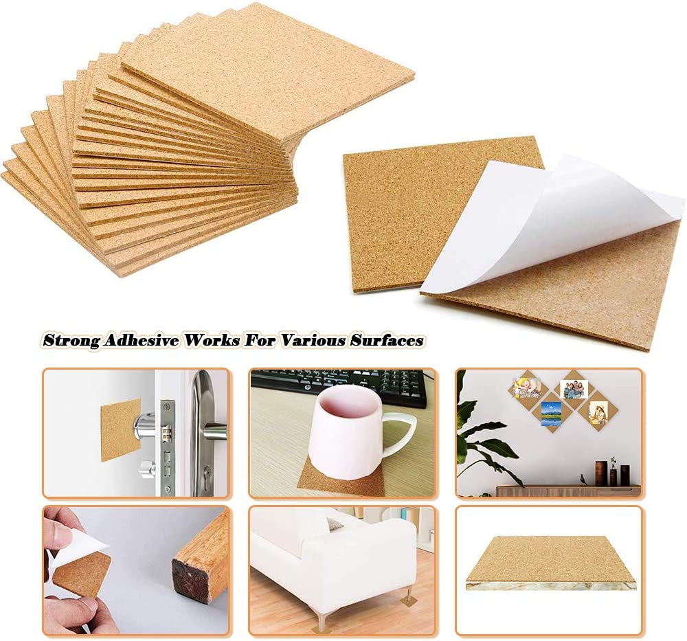 60Pcs Self Adhesive Cork Squares,  4 X 4 Inch Strong Cork Adhesive Sheets, Reusable Cork Board Cork Backing Sheets, Mini Wall Cork Tiles Mat for Coasters and DIY Crafts