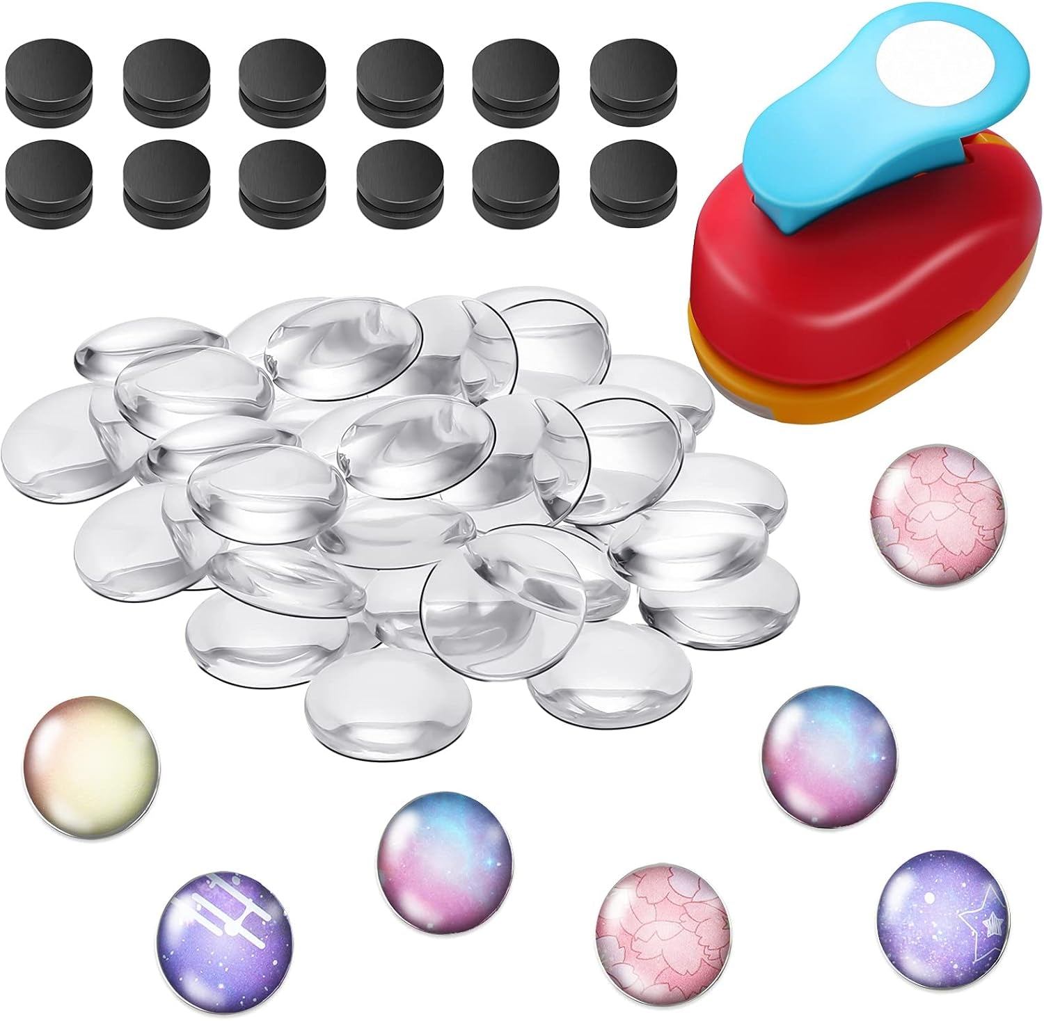 41 Pieces Fridge Magnets Craft Set Include Craft 1-Inch Paper Punches round Disc Ferrite Ceramic Magnets with Transparent Glass Cabochons for Craft DIY Fridge Office Locker Whiteboard Making