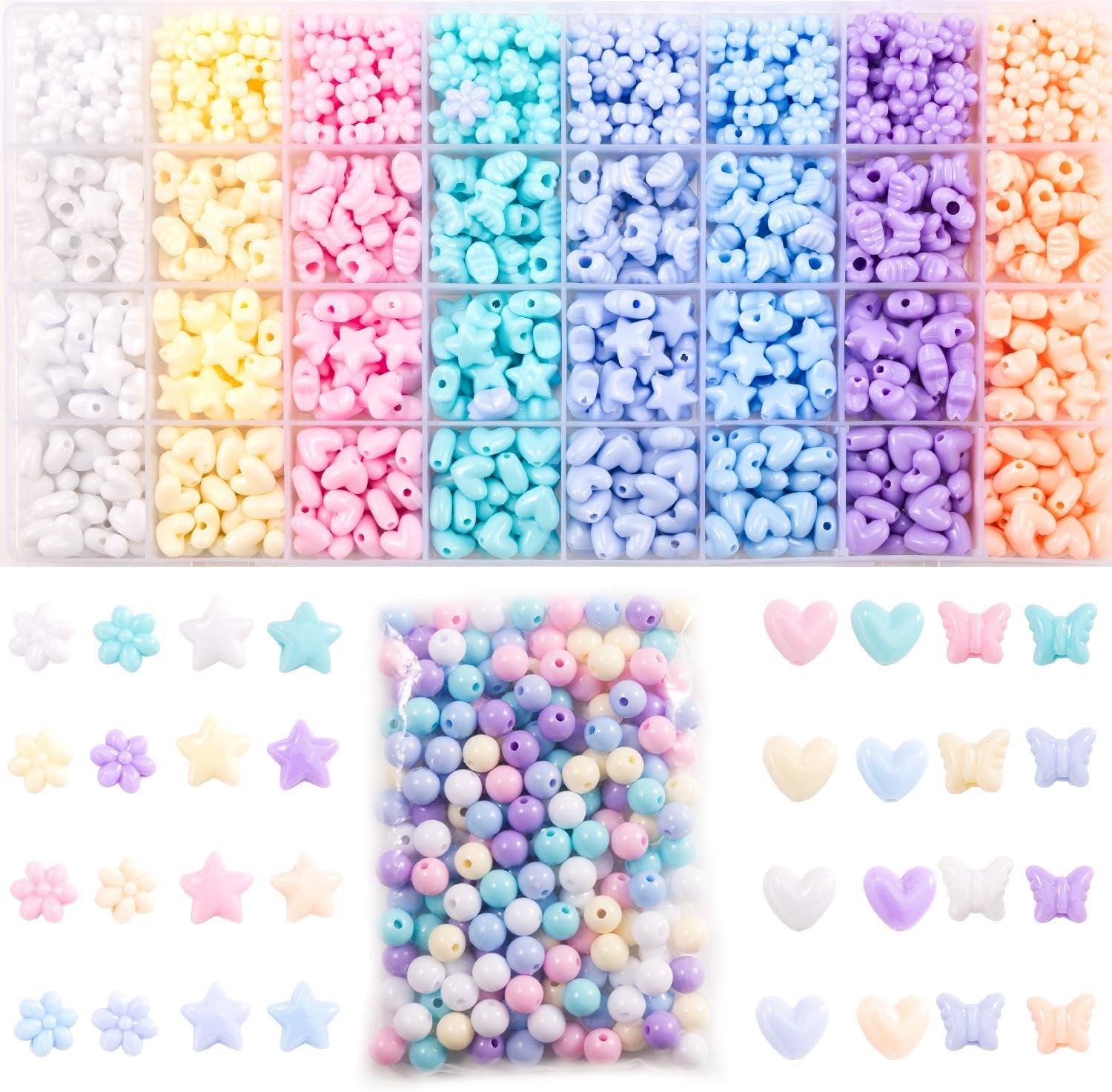 840Pcs Star Heart Kandi Acrylic Beads Candy Color Cute Pastel Circle Loose Spacer Beads Assorted Colorful Shape Bow Beads Bulk for Friendship Bracelets and Jewelry Making Kit (1000)