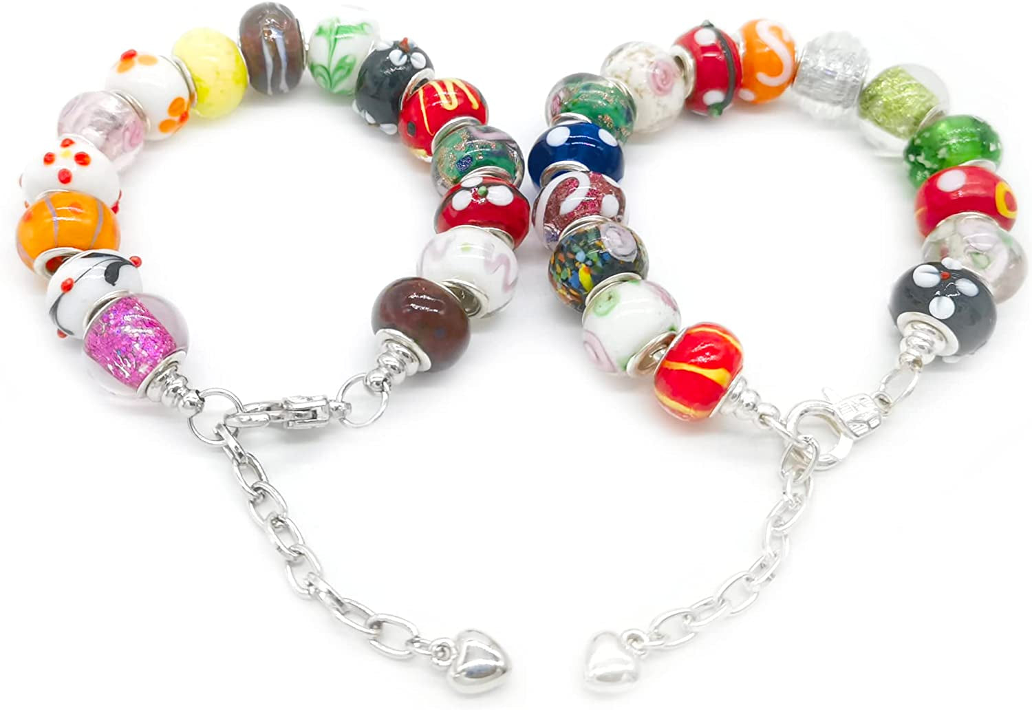Murano Glass Beads Large Hole Glass Beads European Lampwork Spacer Charms Beads Silver Plated Cores Bracelet Charms for DIY Crafts Jewelry Making 50 Pcs Mixed