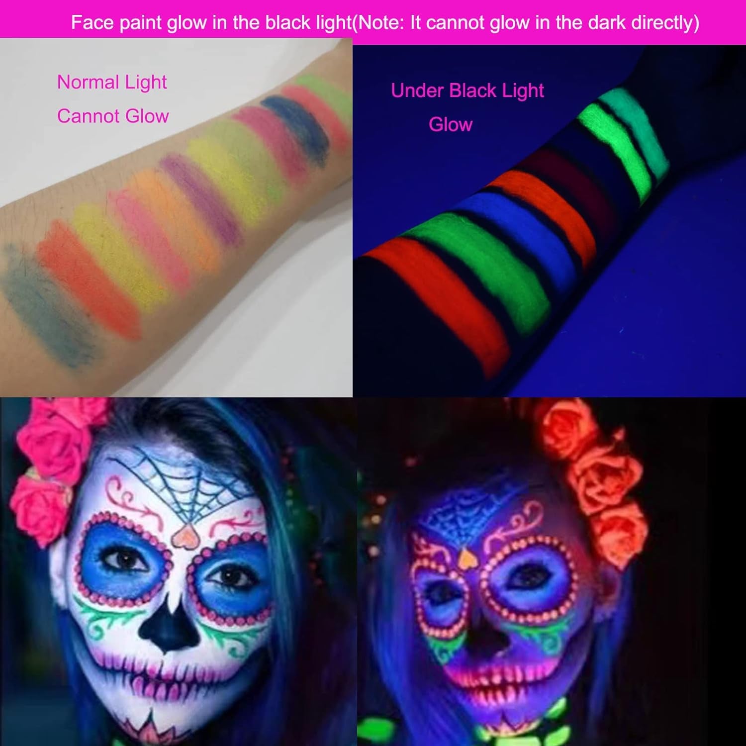 12 Colors Glow Face Body Paint, UV Crayons Makeup Glow in the Black Light Body Paints for Kids Adult, Fluorescent Neon Face Painting Kit for Birthday Party Halloween Masquerade Makeup Outdoor