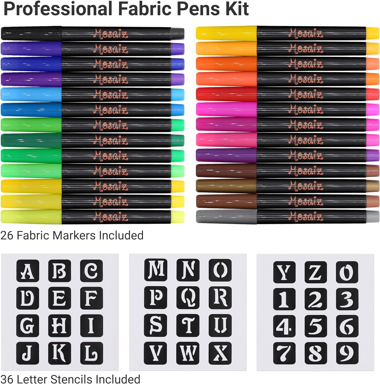 Fabric Markers Set of 26 Colors, Fabric Pens Permanent, Canvas Markers Fabric Paint Pens, Fabric Crayons for Fabric Decorating, with Gold and Silver Shirt Paint and 36 Letter Stencils