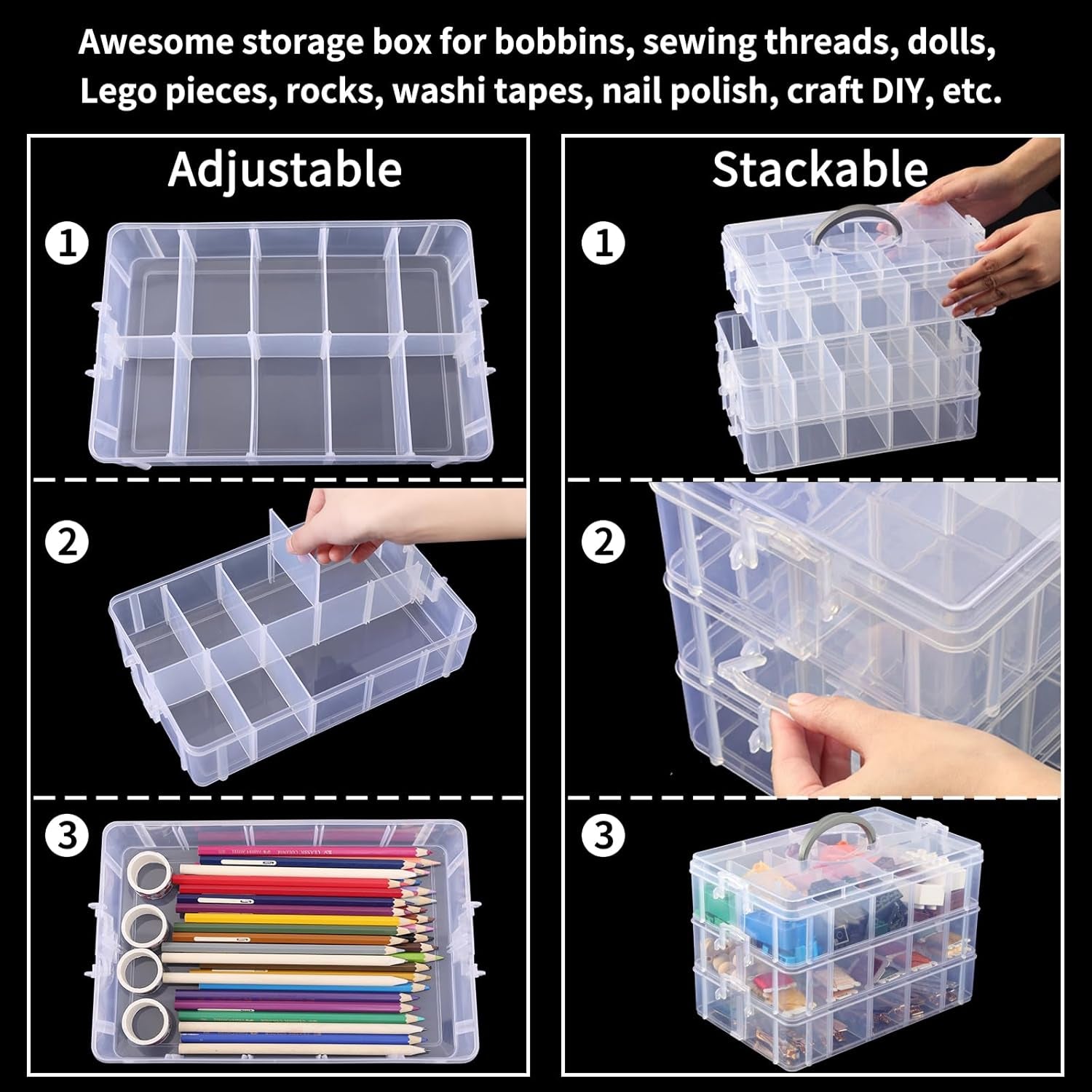 8-Tier Stackable Storage Container Box with 80 Compartments, Plastic Craft Organizers and Storage Containers for Arts, Organizing Washi Tape, Embroidery, Threads Bobbins, Kids Toy