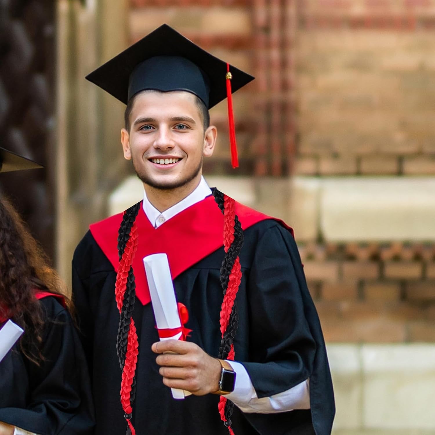 2024 Graduation Ribbon Lei Grad Braided Necklace Graduation Gift with Tassel Adjustable Leis for High School College Bachelor Master Doctor Graduation Party (Black & Red, 1)