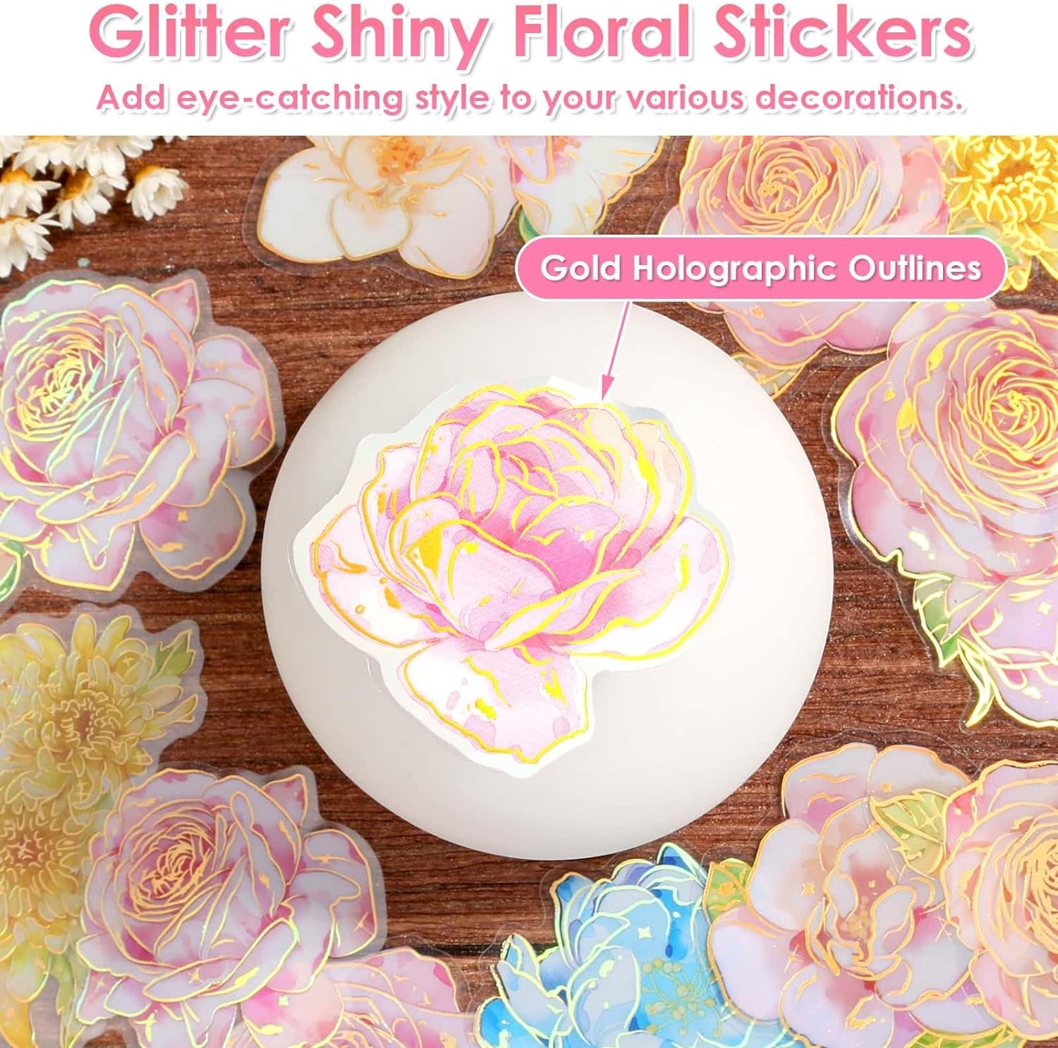 180Pcs Large Flower Stickers with Gold Foil Holographic Outlines, Waterproof Floral Stickers Vinyl Decorative Decals for Scrapbooking Supplies Junk Bullet Journals Envelopes Resin Crafts