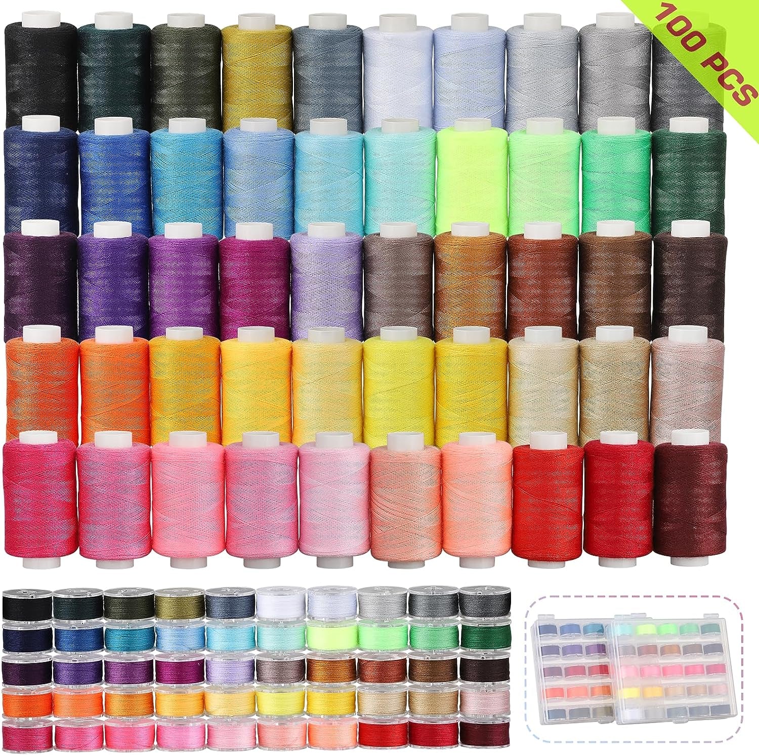 100Pcs Bobbins Sewing Threads Kit, 500 Yard per Polyester Thread Spools, Prewound Bobbins with Case, Sewing Threads for Sewing Machine, Sewing Supplies for Hand, Travel, DIY and Home, 50 Colors