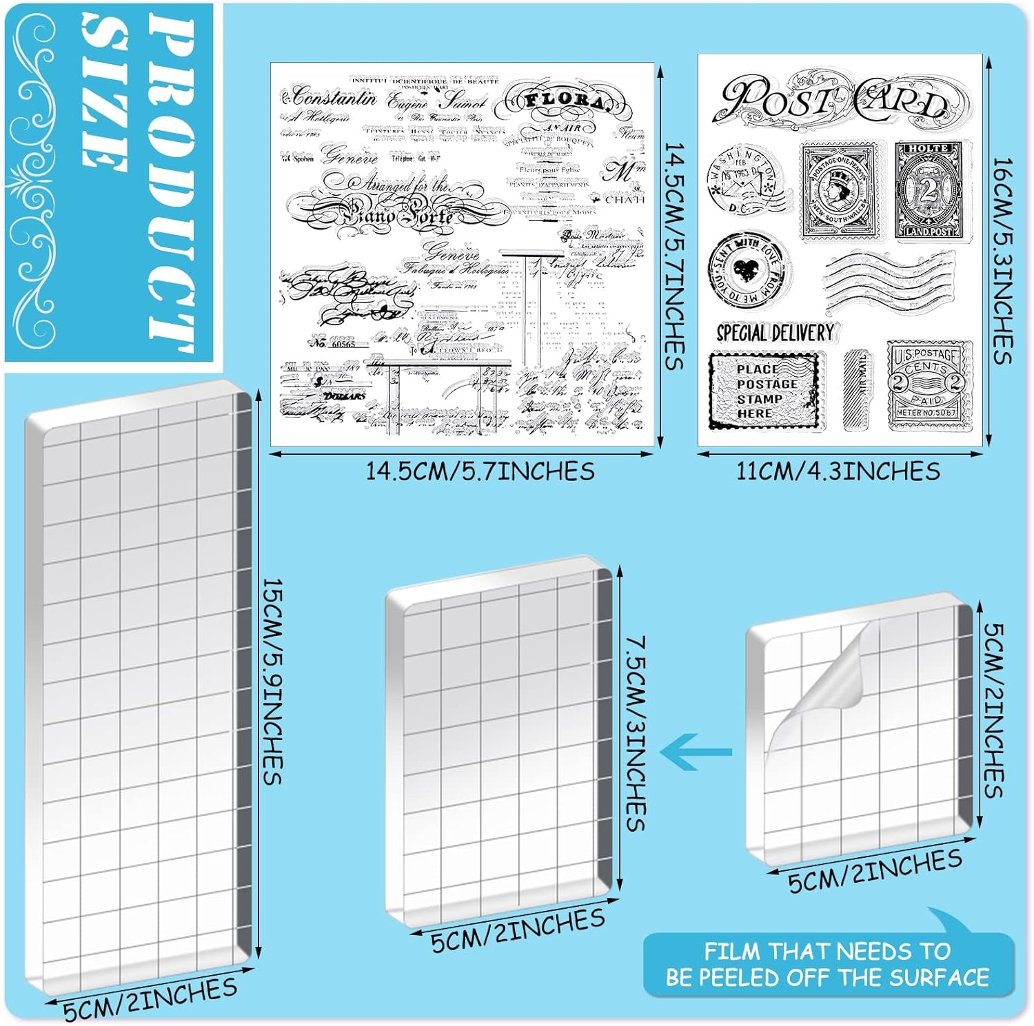 7 Pcs Vintage Rubber Clear Stamps Set 4 Sheet Transparent Postage Silicone Stamps 3 Pcs Acrylic Stamp Block Tools with Grid Lines Rubber Stamps Craft Supplies for DIY Scrapbooking Journaling