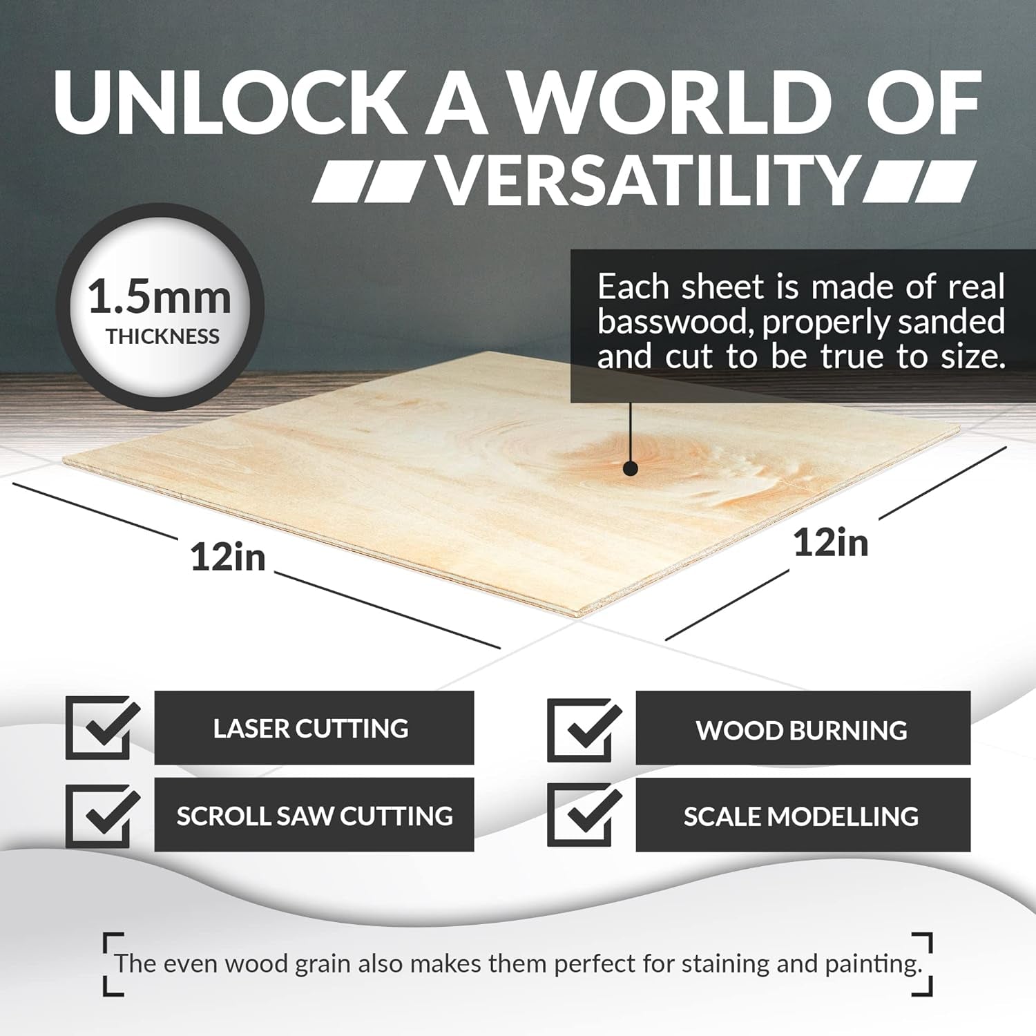 Basswood Sheets 1/16, Craft Wood 10 Pack - 12 X 12 X 1/16 Inch - Cricut Wood Sheets 1.5Mm, Plywood Sheets with Smooth Surfaces - Bass Wood for Laser Cutting, Architectural Models, Drawing