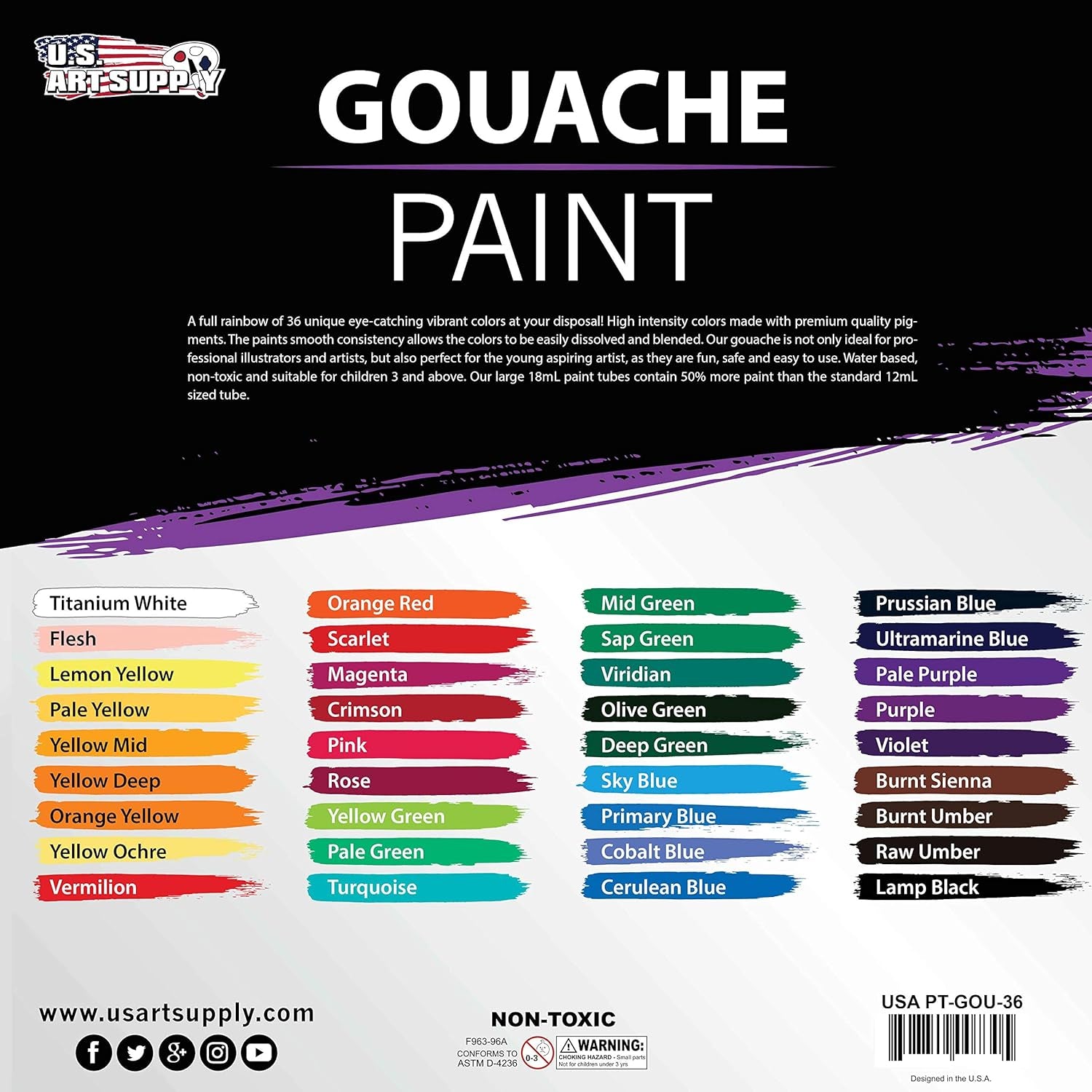 Professional 36 Color Set of Gouache Paint in Large 18Ml Tubes - Rich Vivid Colors for Artists, Students, Beginners - Canvas Portrait Paintings - Color Mixing Wheel